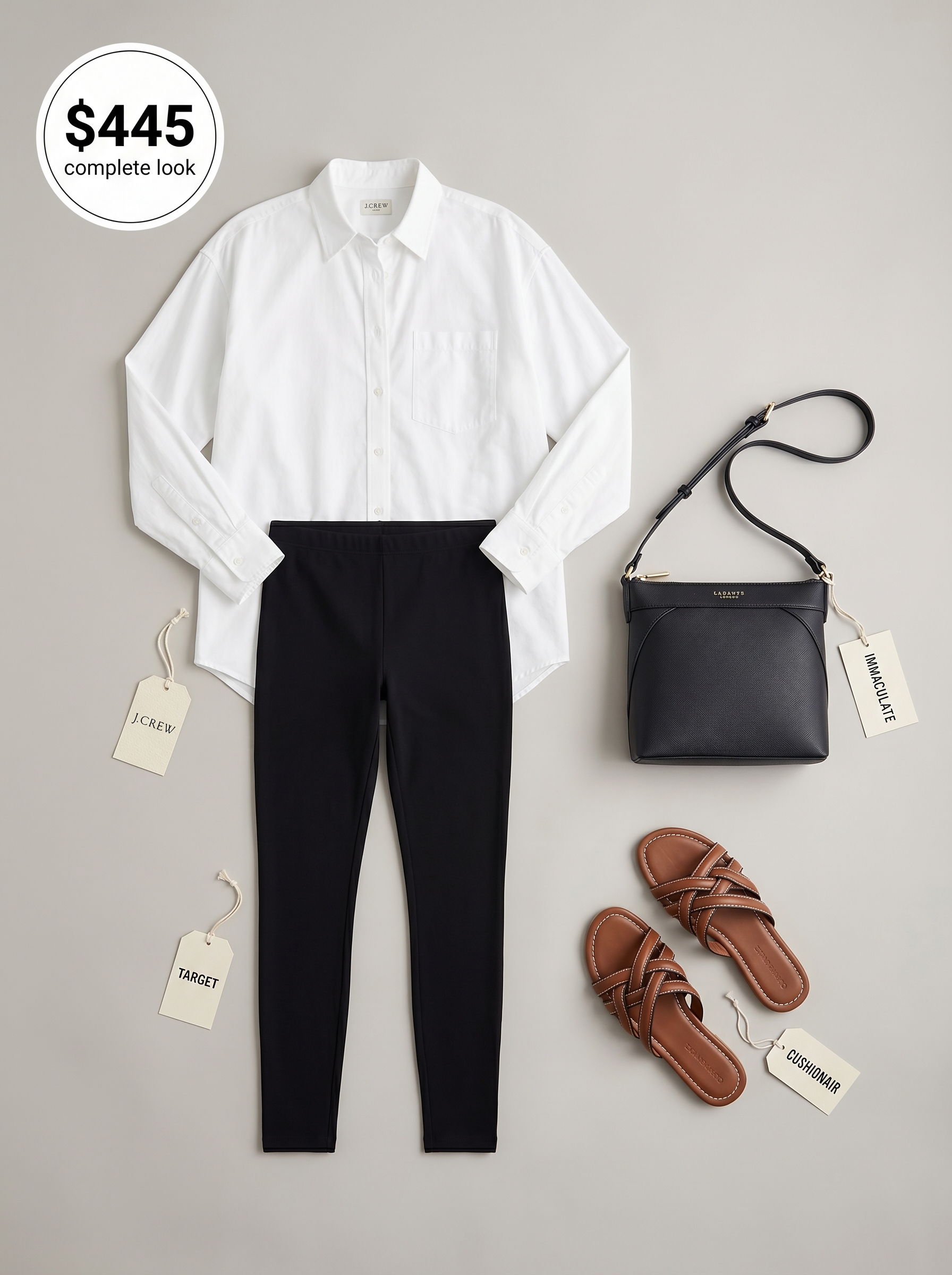 Effortless black ankle-length summer leggings outfits 2026 for brunch. Oversized white button-down, braided slide sandals, crossbody bag.