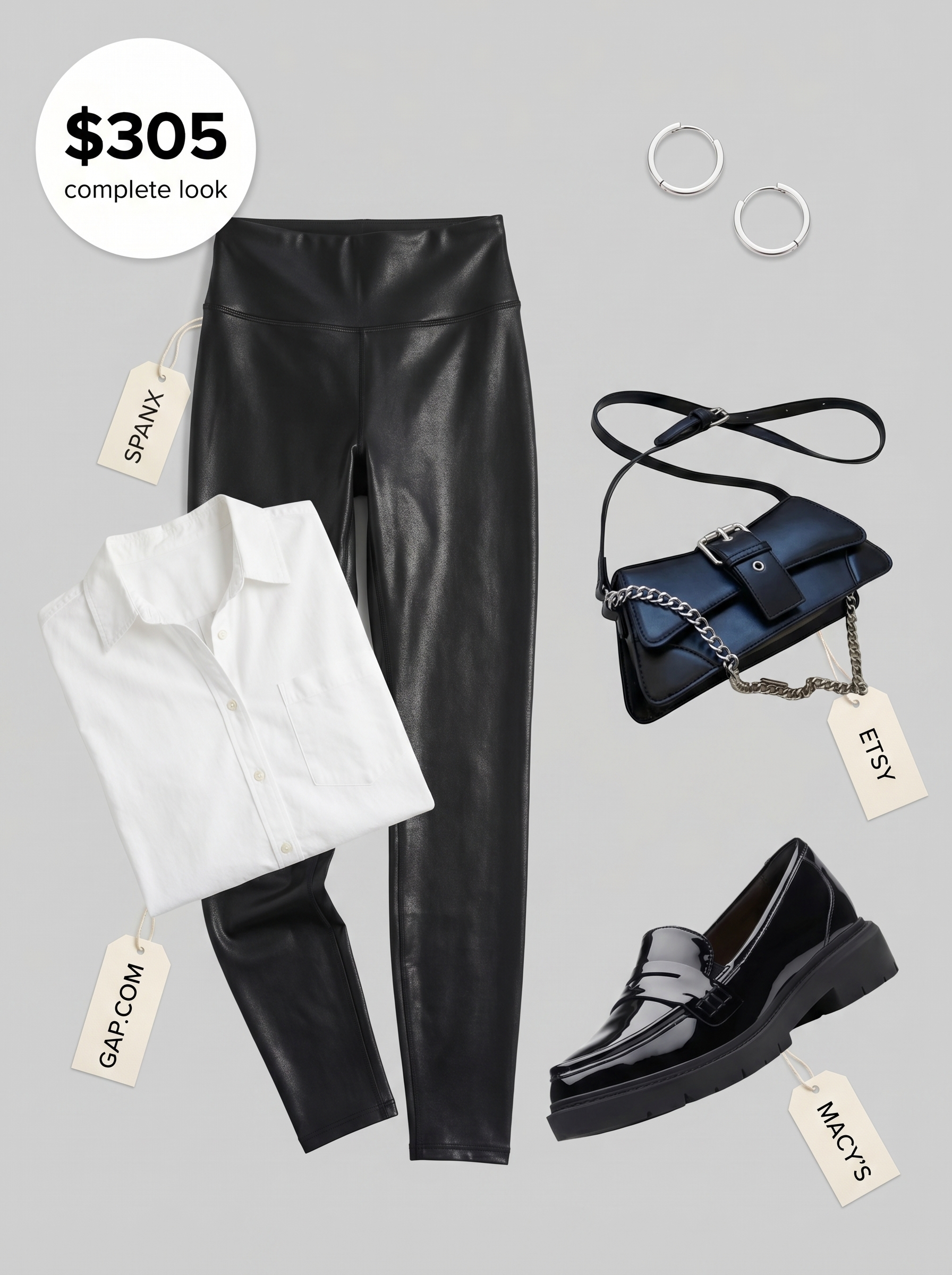 Edgy black faux leather summer leggings outfits 2026 for city explorers. White oversized button-down, chunky loafers, silver hoop earrings.