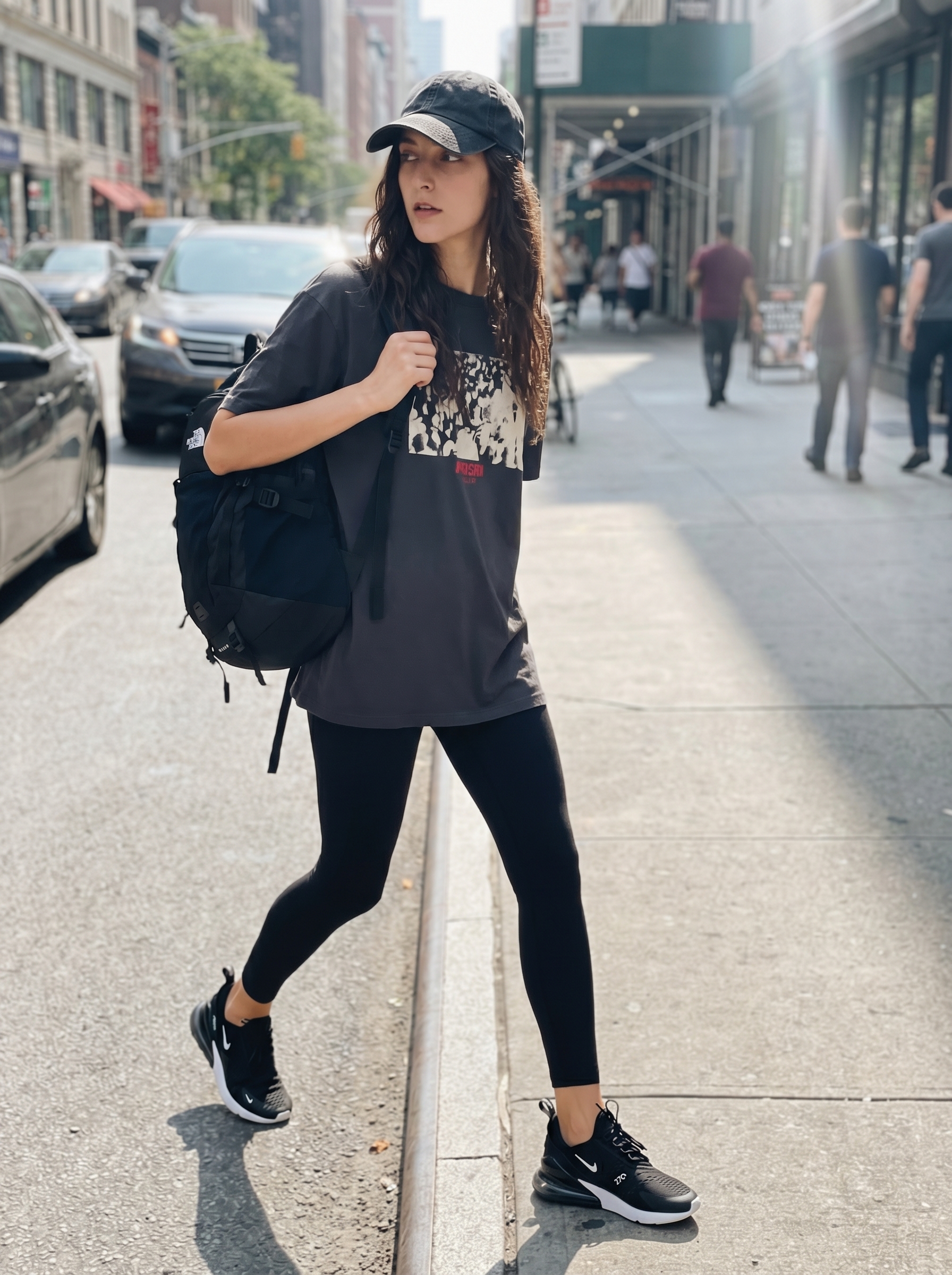 Urban black matte summer leggings outfits 2026 for city exploration. Oversized graphic tee, chunky sneakers, baseball cap, nylon backpack.