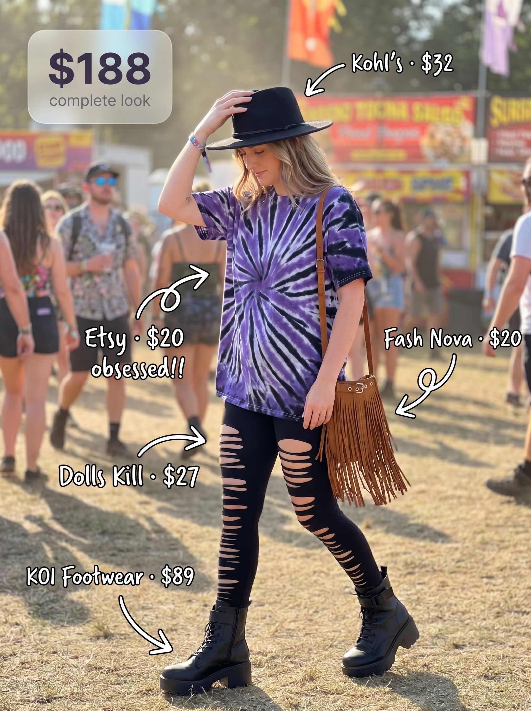 Playful and edgy festival fun summer leggings outfit featuring distressed black leggings, an oversized purple and black tie-dye graphic t-shirt, chunky platform combat boots, and a brown fringe crossbody bag. Perfect for music festivals. Explore festival summer leggings outfits 2026.