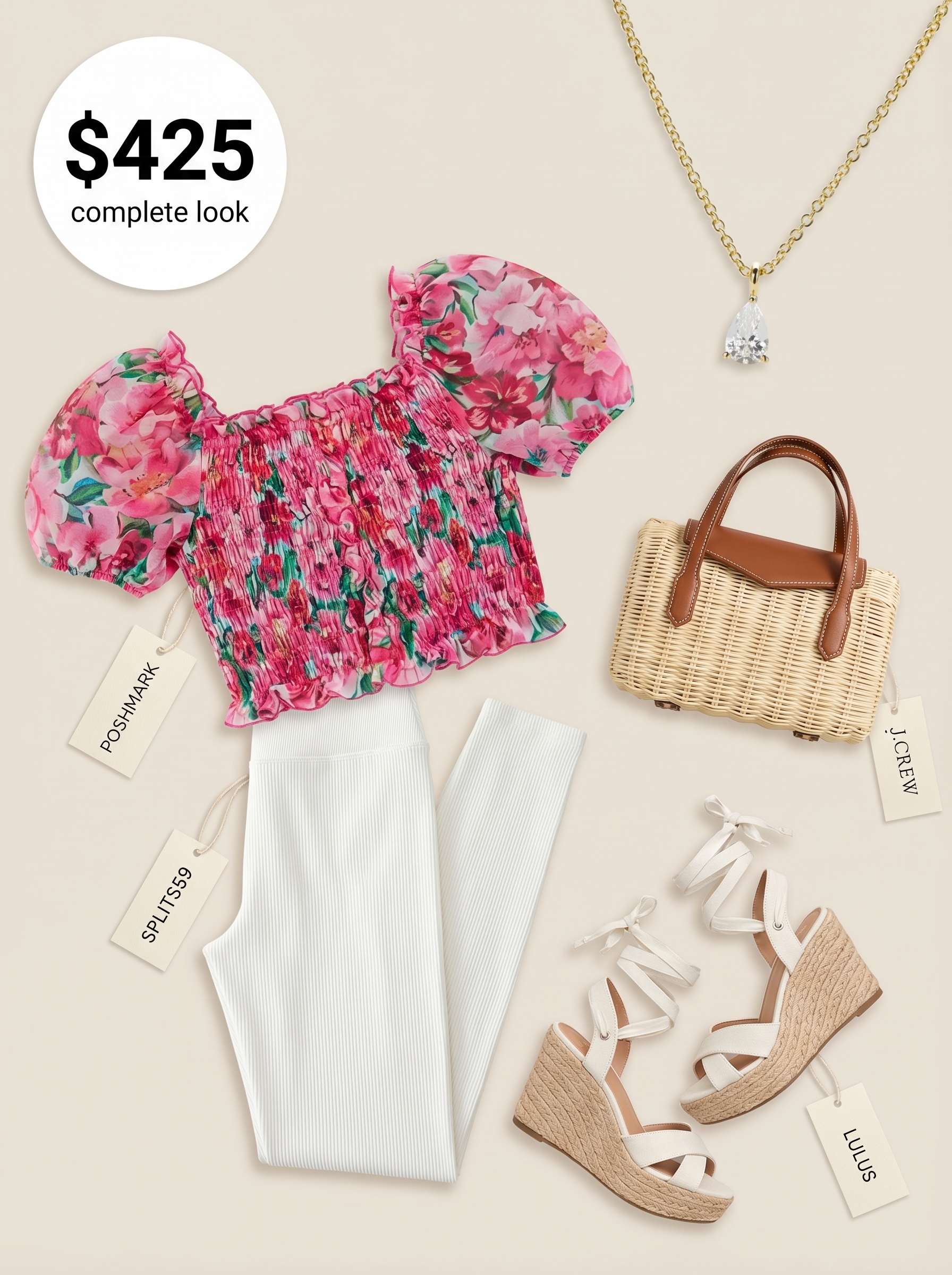 Charming white ribbed summer leggings outfits 2026 for a garden party. Floral smocked crop top, espadrille wedges, wicker basket bag.