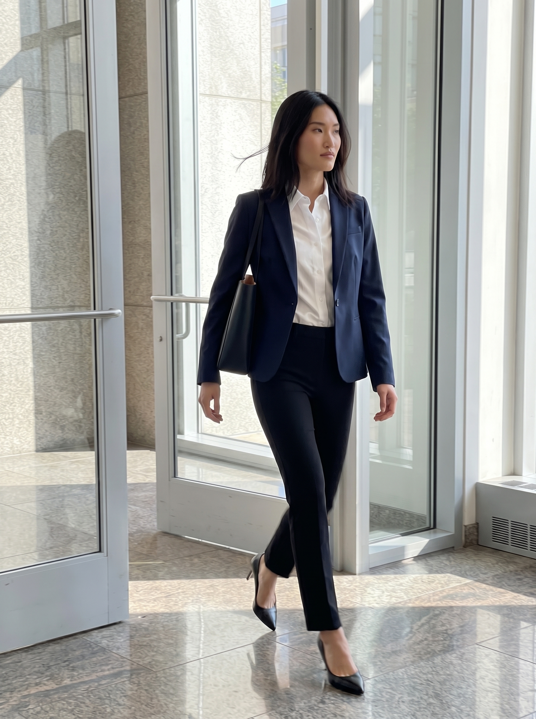 Professional and polished business casual summer leggings outfit featuring black ponte knit straight-leg leggings, a white button-down shirt, a navy blazer, and black leather pumps. Ideal for the office. Find professional summer leggings outfits 2026.