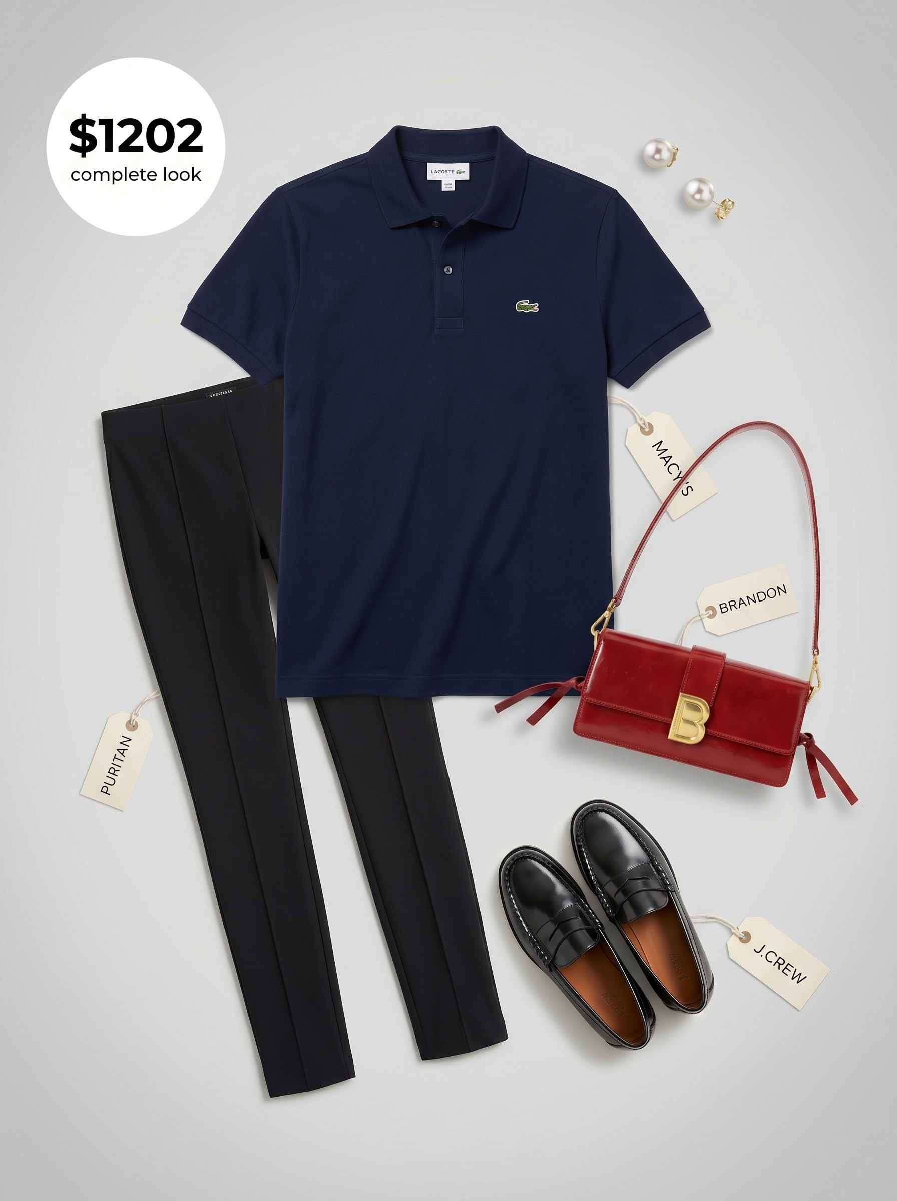 Polished preppy lakeside lunch summer leggings outfit featuring black high-waisted 'skipper' leggings, a navy polo shirt, leather penny loafers, and a red structured shoulder bag. Perfect for smart casual events. Find preppy summer leggings outfits 2026.