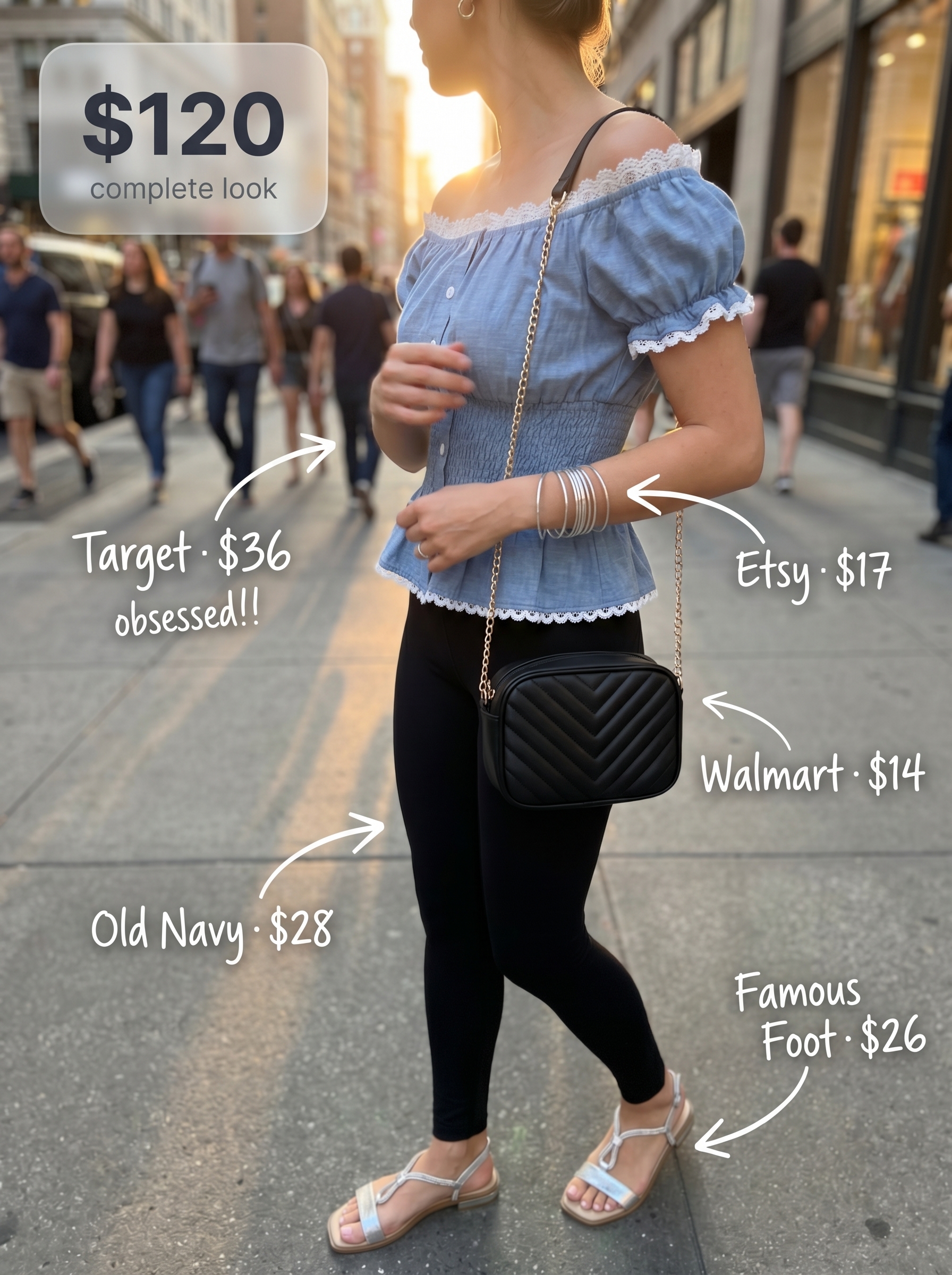 Elegant black stretch summer leggings outfits 2026 for an evening stroll. Light blue off-shoulder blouse, embellished sandals, chain-strap bag.