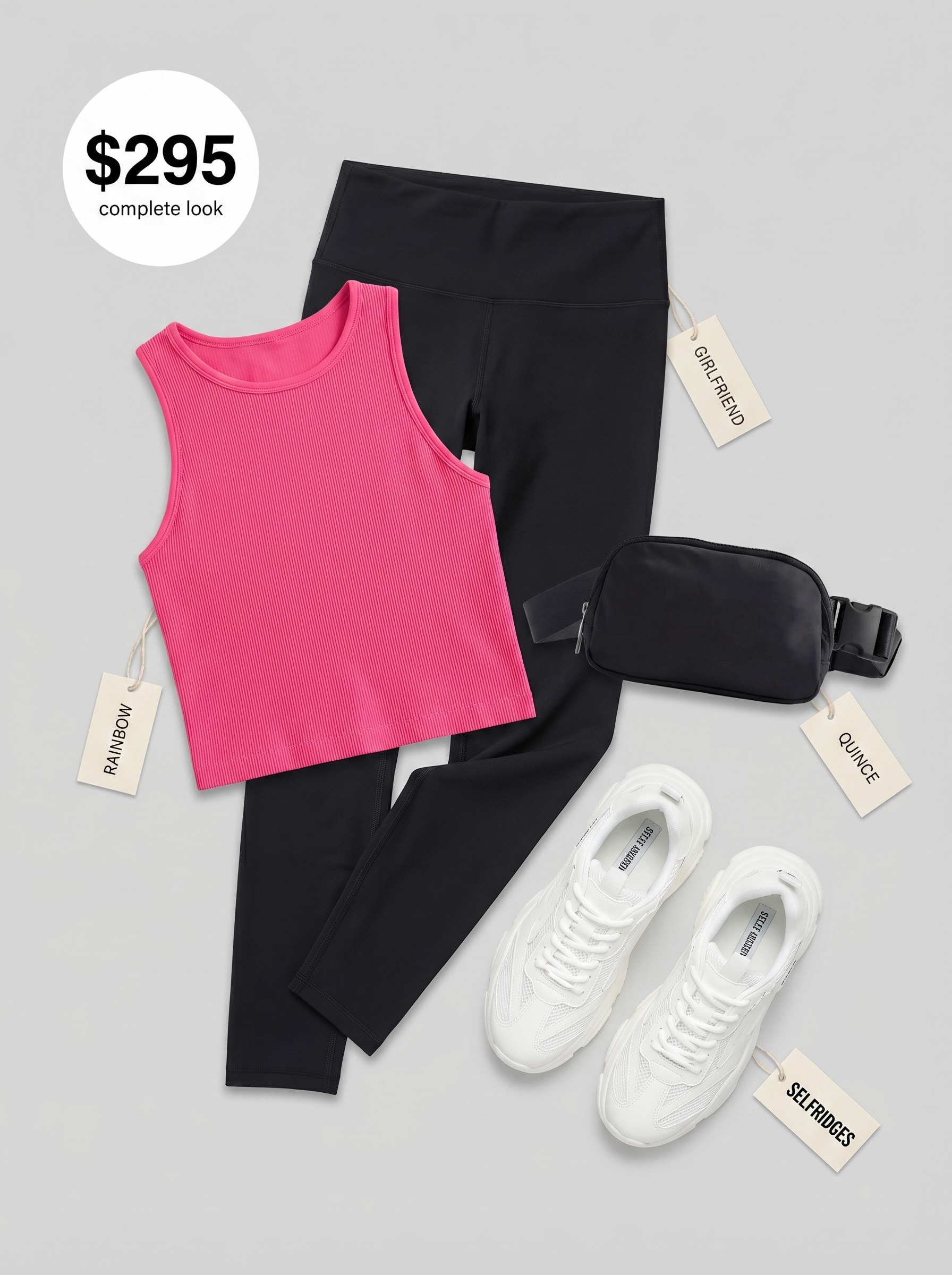 Energetic sporty chic summer leggings outfit featuring black high-waisted compression leggings, a hot pink ribbed crop top, and white chunky athletic sneakers, perfect for casual meetups or summer festivals. Find more summer leggings outfits 2026.