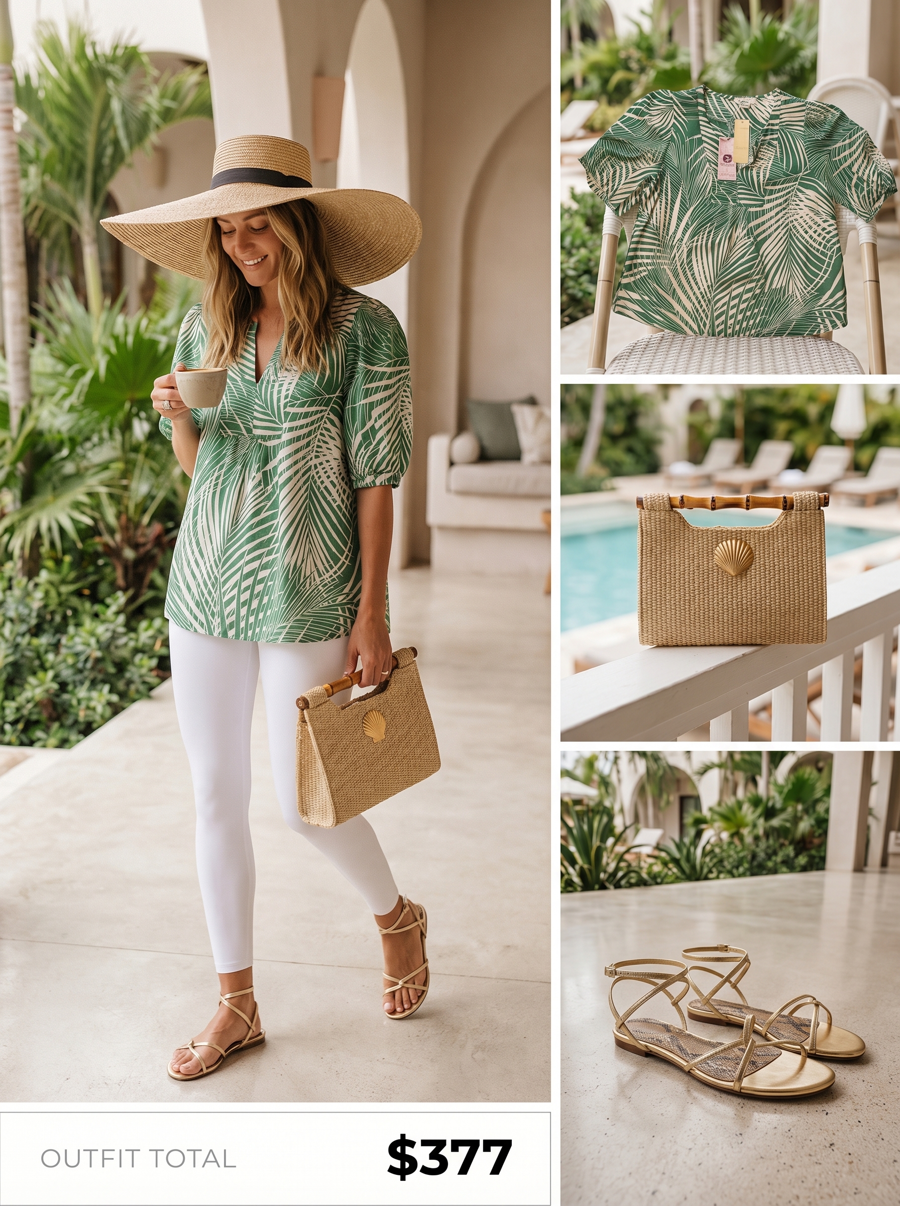 Vibrant white stretch summer leggings outfits 2026 for resort wear. Flowy tropical tunic, gold flat sandals, straw sun hat, woven clutch.