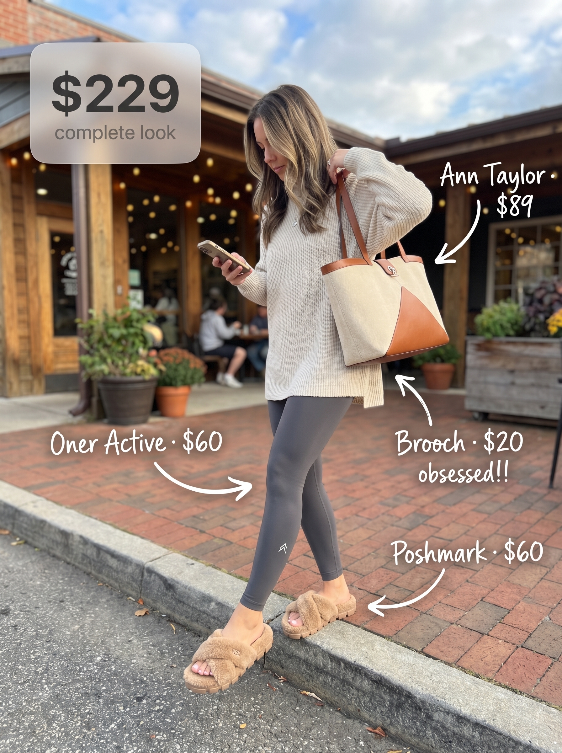 Relaxed charcoal seamless summer leggings outfits 2026 for a weekend retreat. Oversized knit tunic, UGG slide sandals, canvas tote bag.