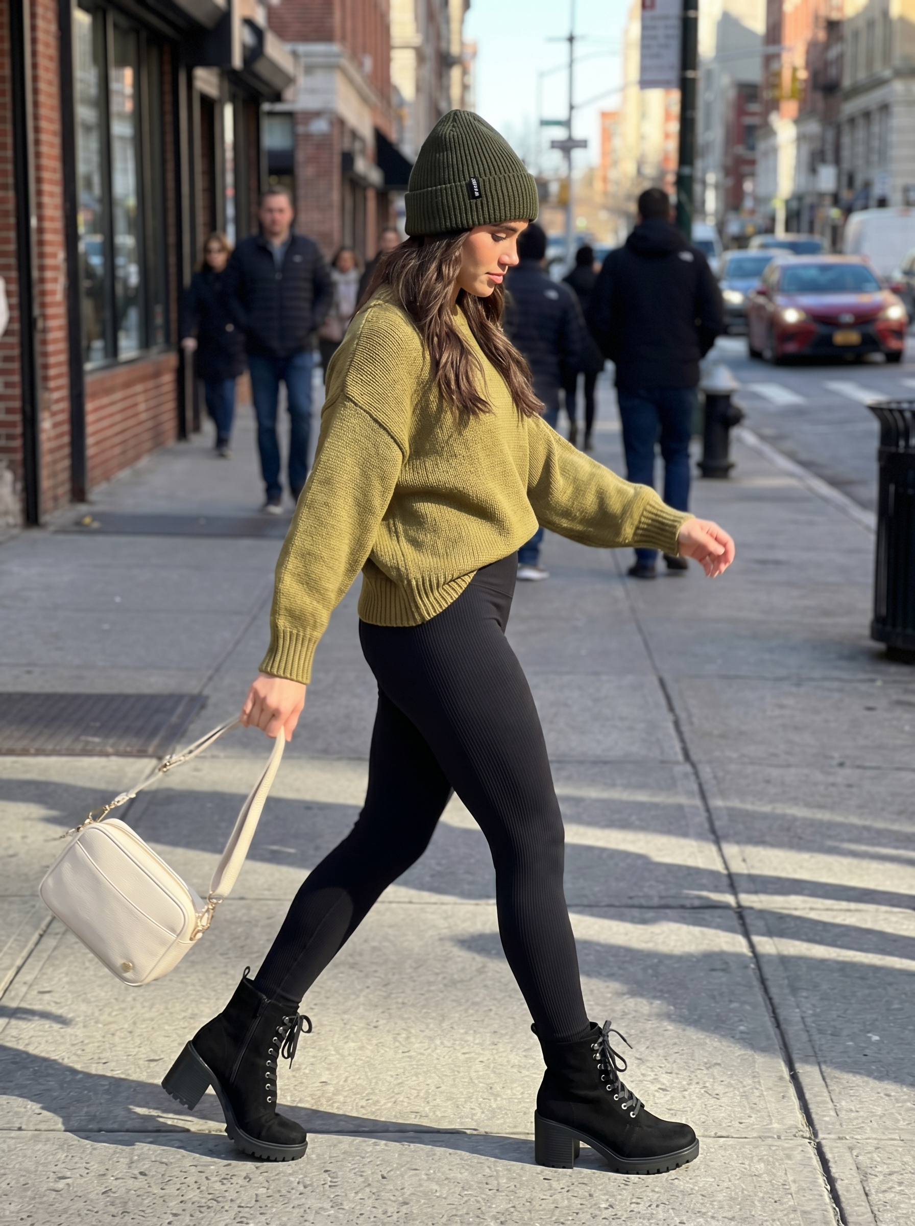 Cozy and relaxed weekend wanderer summer leggings outfit featuring thick knit black leggings, an oversized olive green chunky knit sweater, lace-up ankle boots, and a beige crossbody bag. Perfect for cool summer evenings or casual adventures. Explore cozy summer leggings outfits 2026.