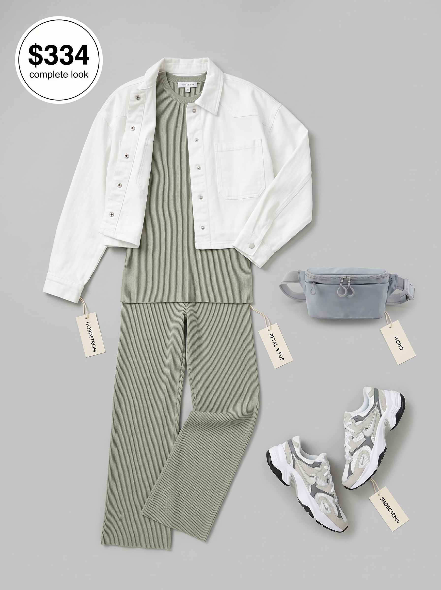 Coordinated athleisure summer mom outfit 2026 with a sage green ribbed knit tank and wide-leg pant set, a white cropped denim jacket, chunky white sneakers, and a grey belt bag. Perfect for errands.