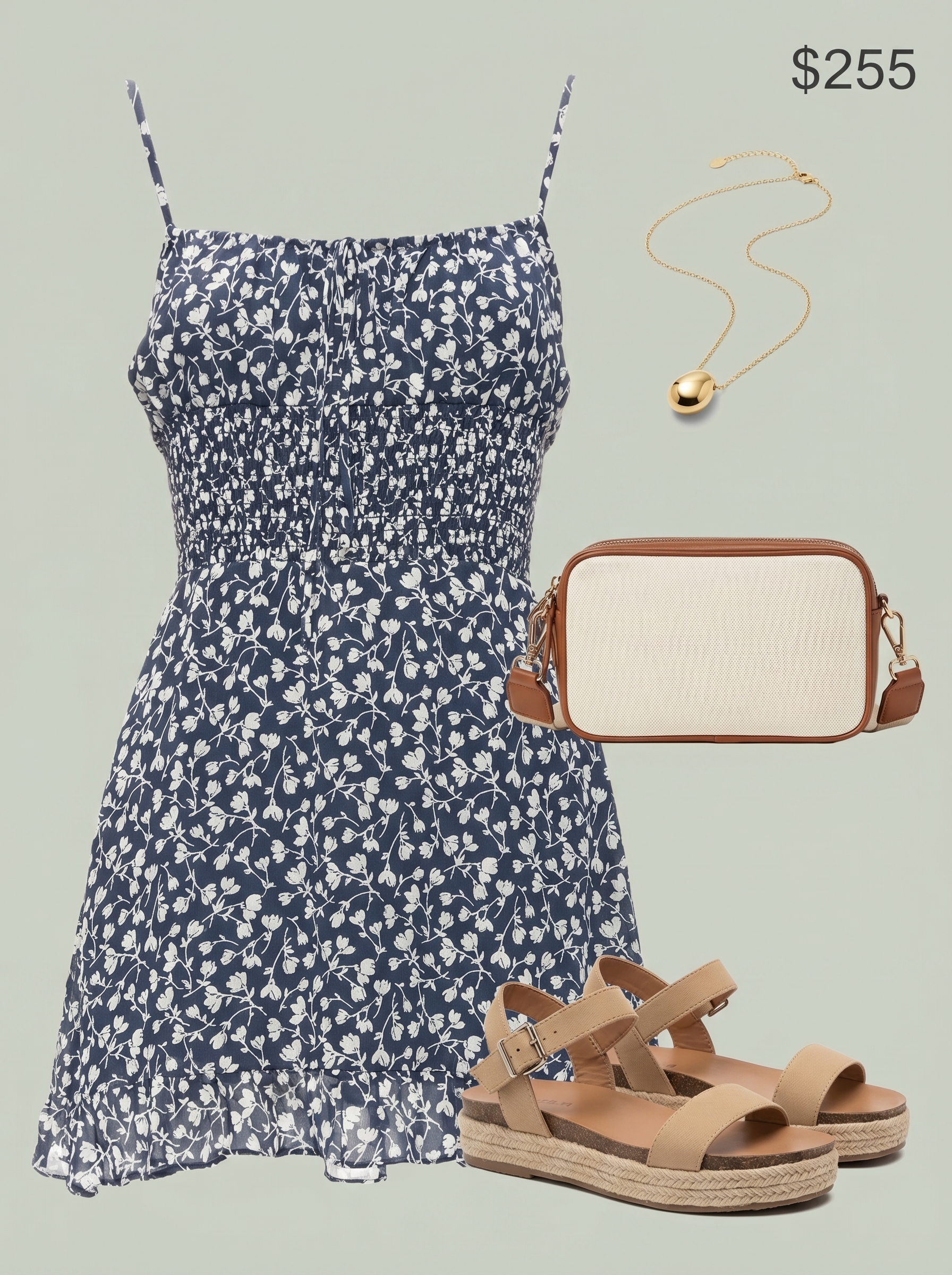 Effortless brunch bloom summer mom outfit 2026 featuring a navy floral print mini dress, espadrille platform sandals, a small canvas crossbody bag, and a delicate gold pendant necklace. Great for a day out.