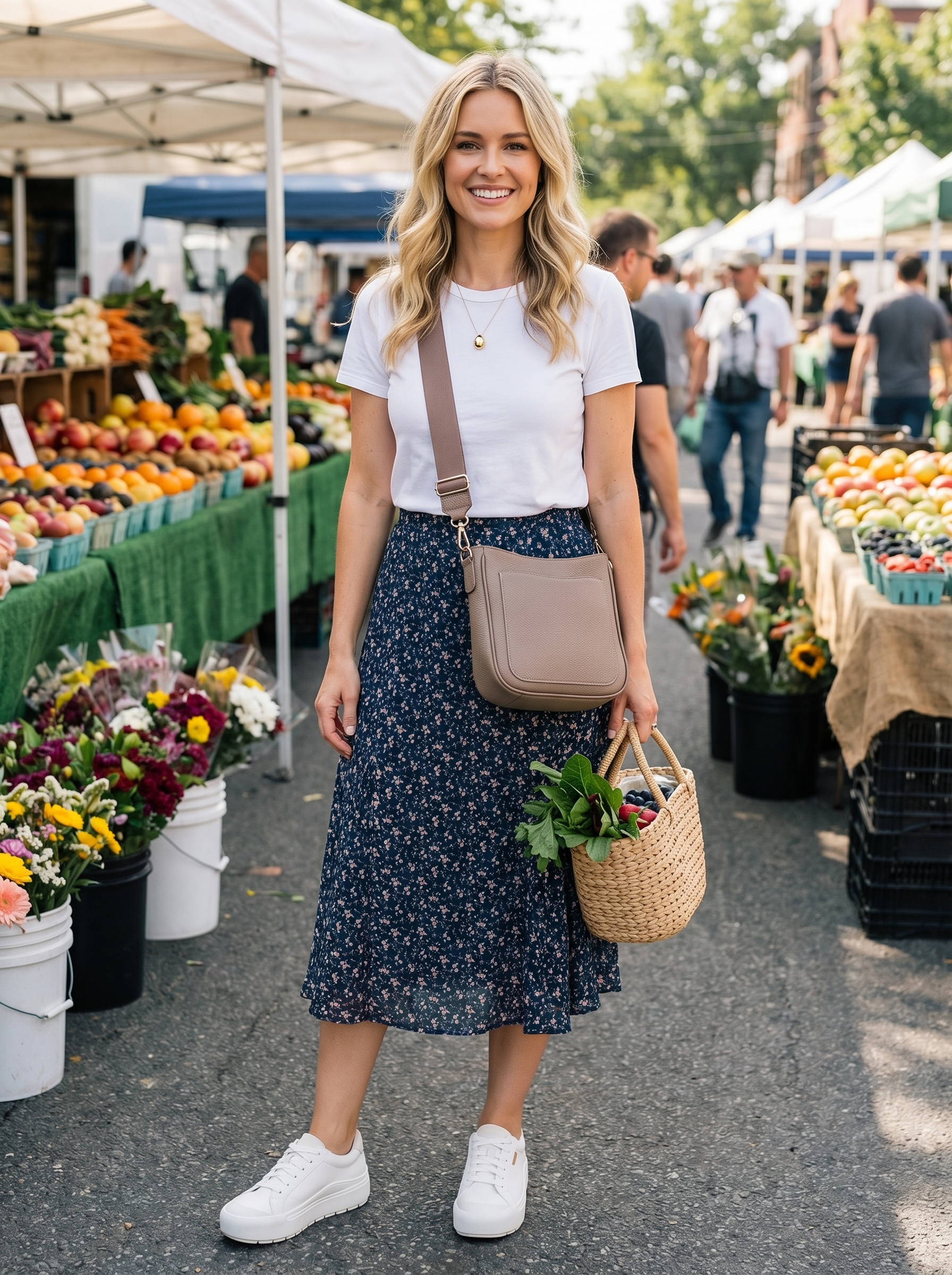 Relaxed casual brunch summer mom outfit 2026 featuring a navy floral A-line midi skirt, a white cotton t-shirt, white low-top sneakers, a beige crossbody bag, and a gold pendant. Ideal for park playdates.