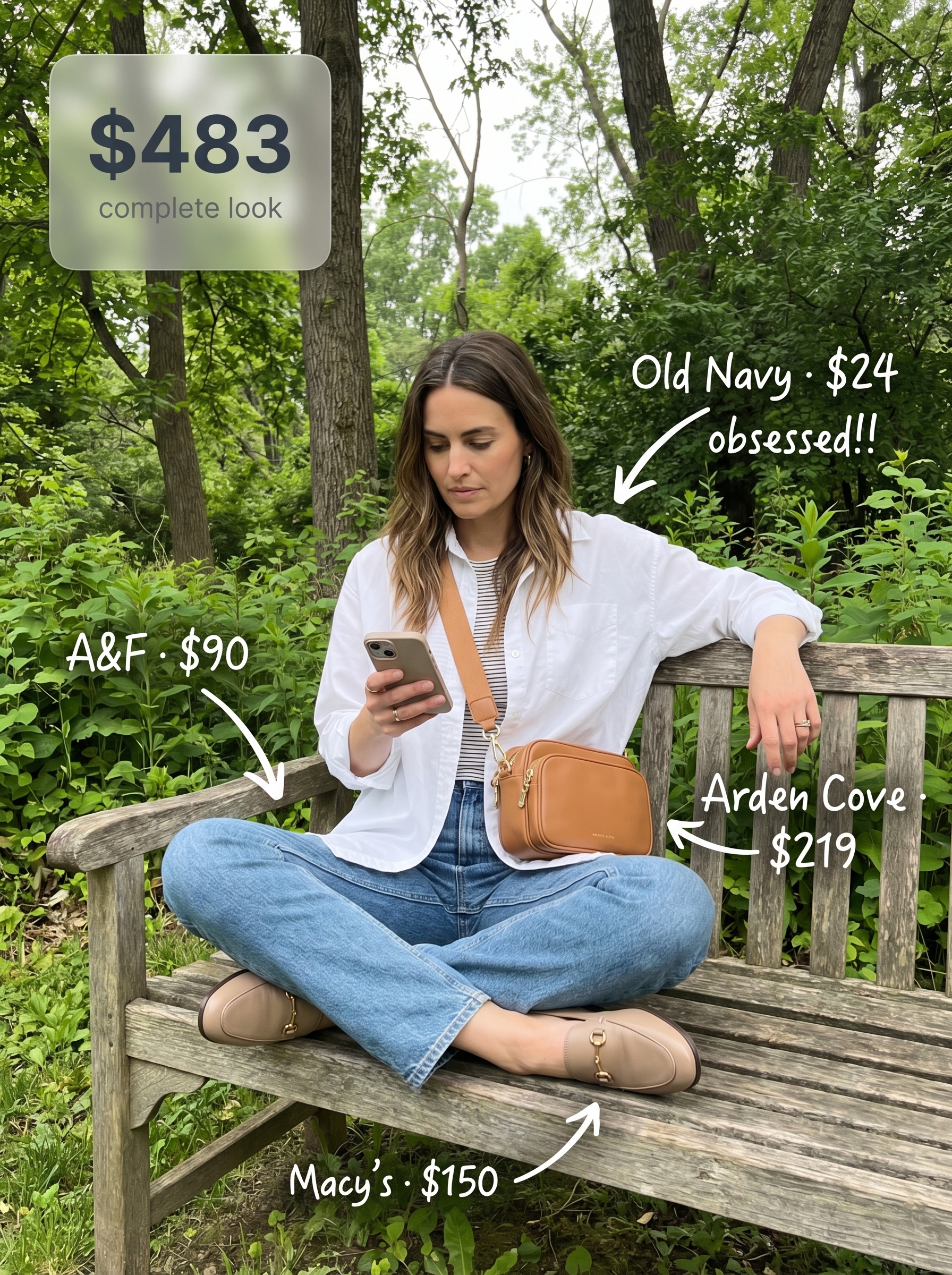 Classic cool mom summer mom outfit 2026 with high-waisted straight-leg jeans, an oversized white button-down, tan leather loafers, and a structured brown crossbody bag. Great for everyday wear.