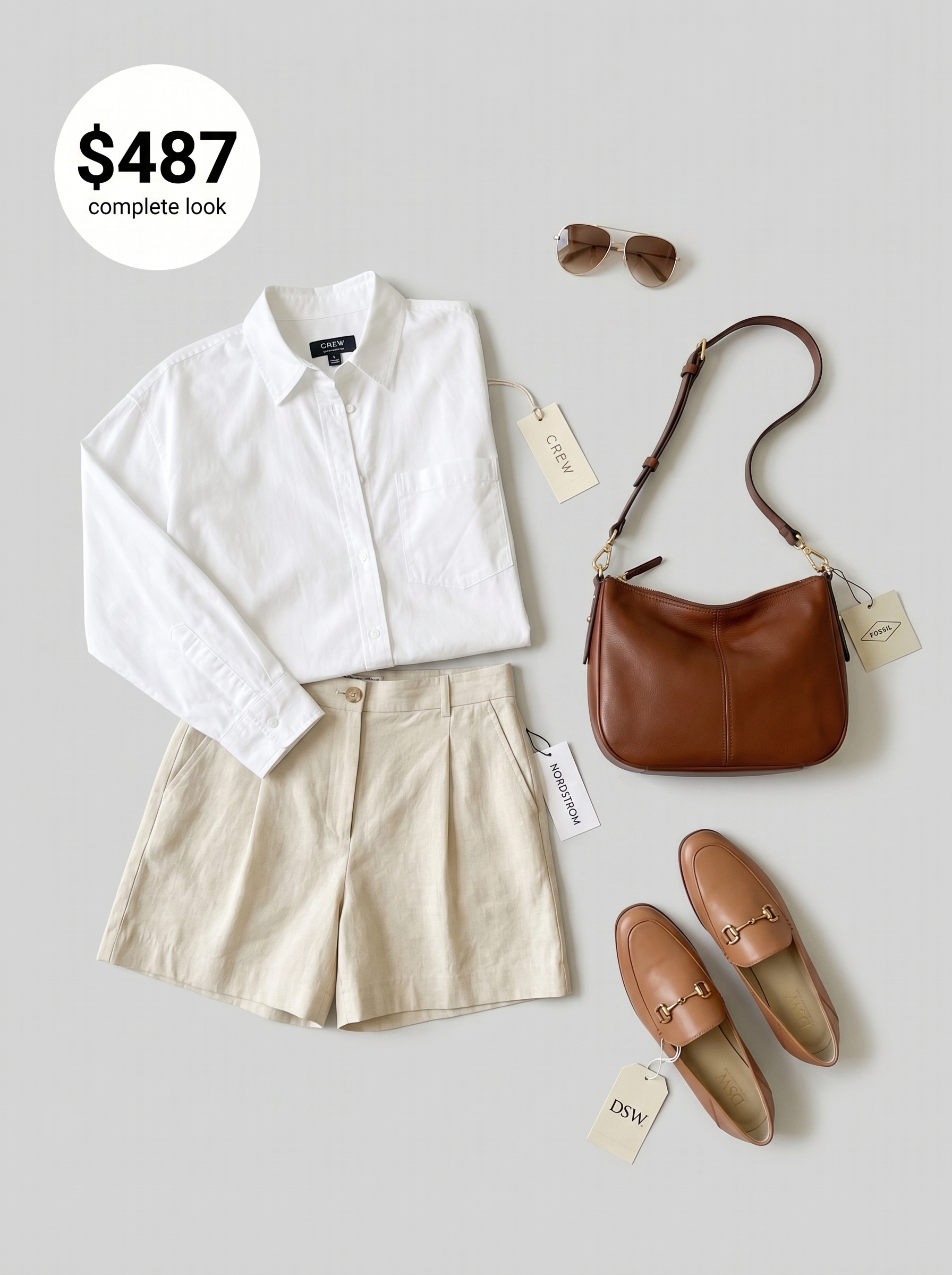 Polished city sightseeing summer mom outfit 2026 featuring beige tailored linen shorts, an oversized white button-down, tan leather loafers, and a structured crossbody. Great for summer day trips.