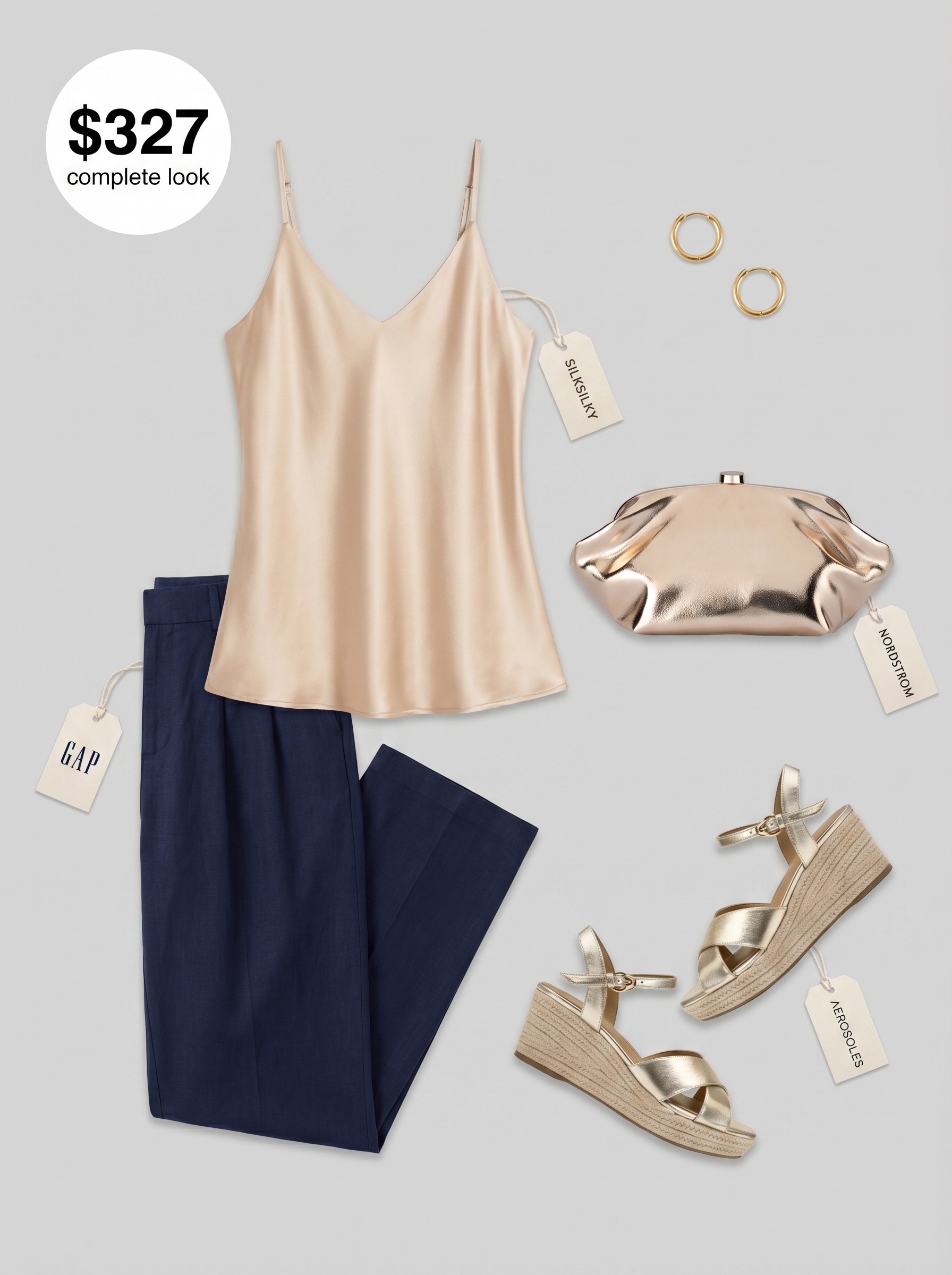 Sophisticated coastal evening summer mom outfit with navy wide-leg linen trousers, gold espadrille wedges, and a cream camisole. Ideal for a chic vacation night out in 2026.