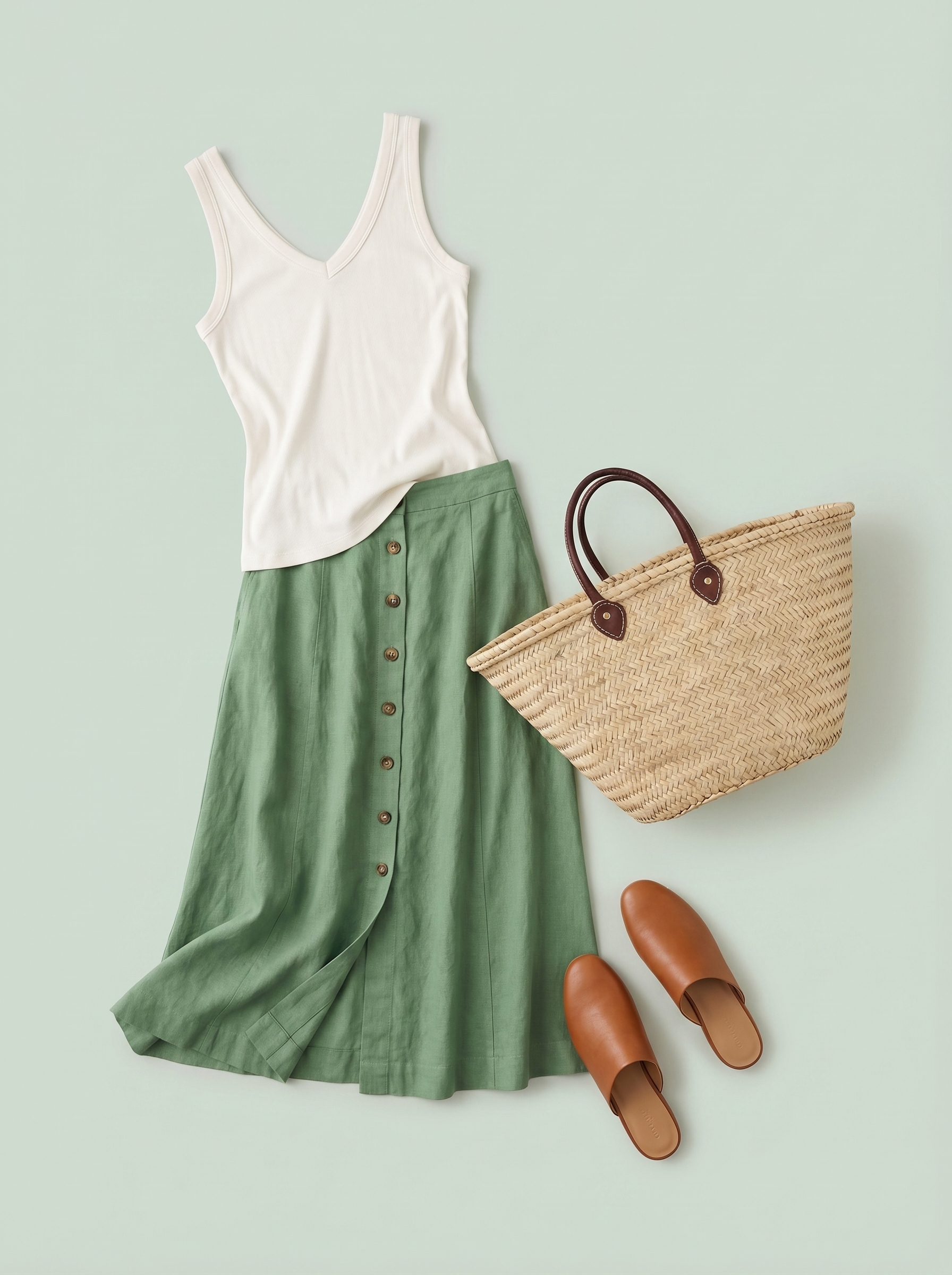 Chic summer mom outfit 2026 for a farmers market featuring an olive green linen midi skirt, white ribbed tank, tan slide mules, and woven straw tote. Perfect for casual lunch and outdoor shopping.