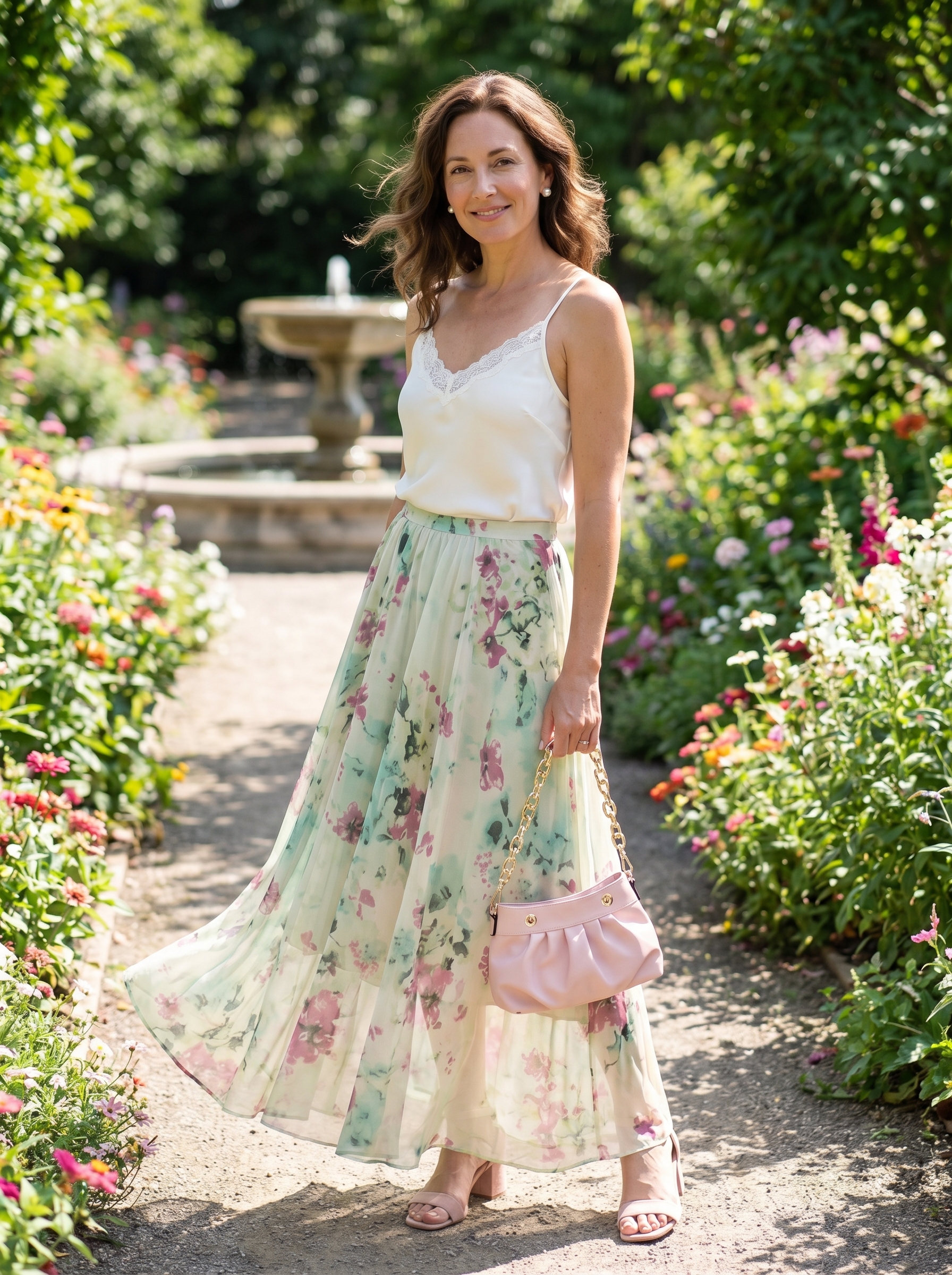 Elegant garden party summer mom outfit with a soft green floral pleated midi skirt, cream lace-trim camisole, and nude pink block heels. Perfect for outdoor events in 2026.
