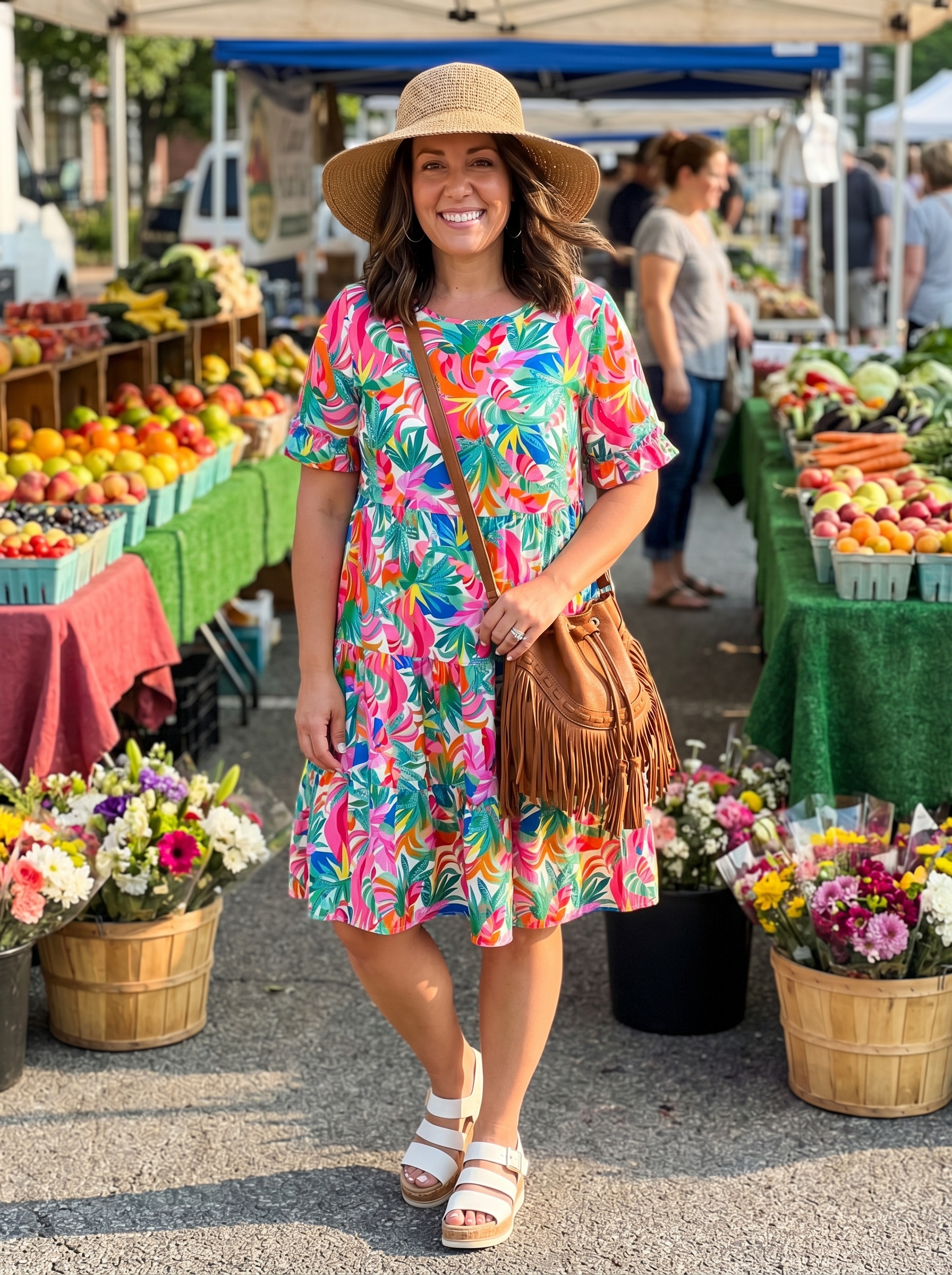 Playful tiered babydoll mini dress with vibrant floral print, white platform sandals, and a straw hat from summer mom outfits 2026. Great for a casual day out or summer festival.