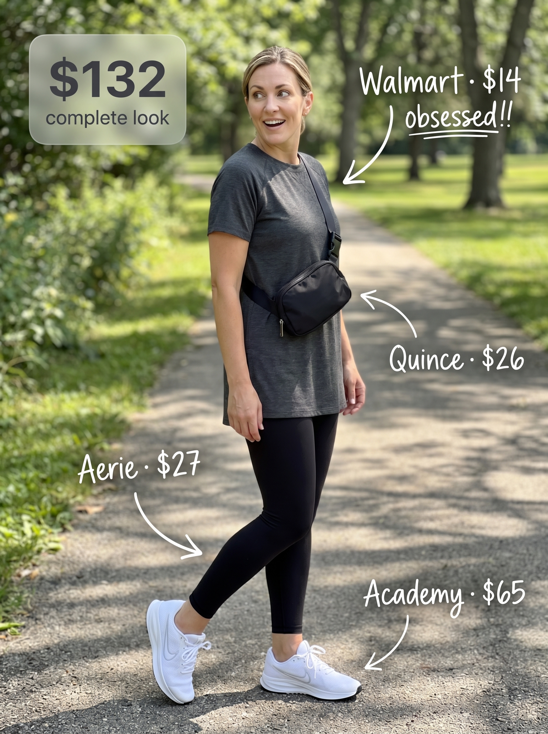 Practical playground ready summer mom outfit 2026 with black athletic leggings, an oversized charcoal gray tunic t-shirt, white athletic sneakers, and a black nylon belt bag. Ideal for errands and walks.