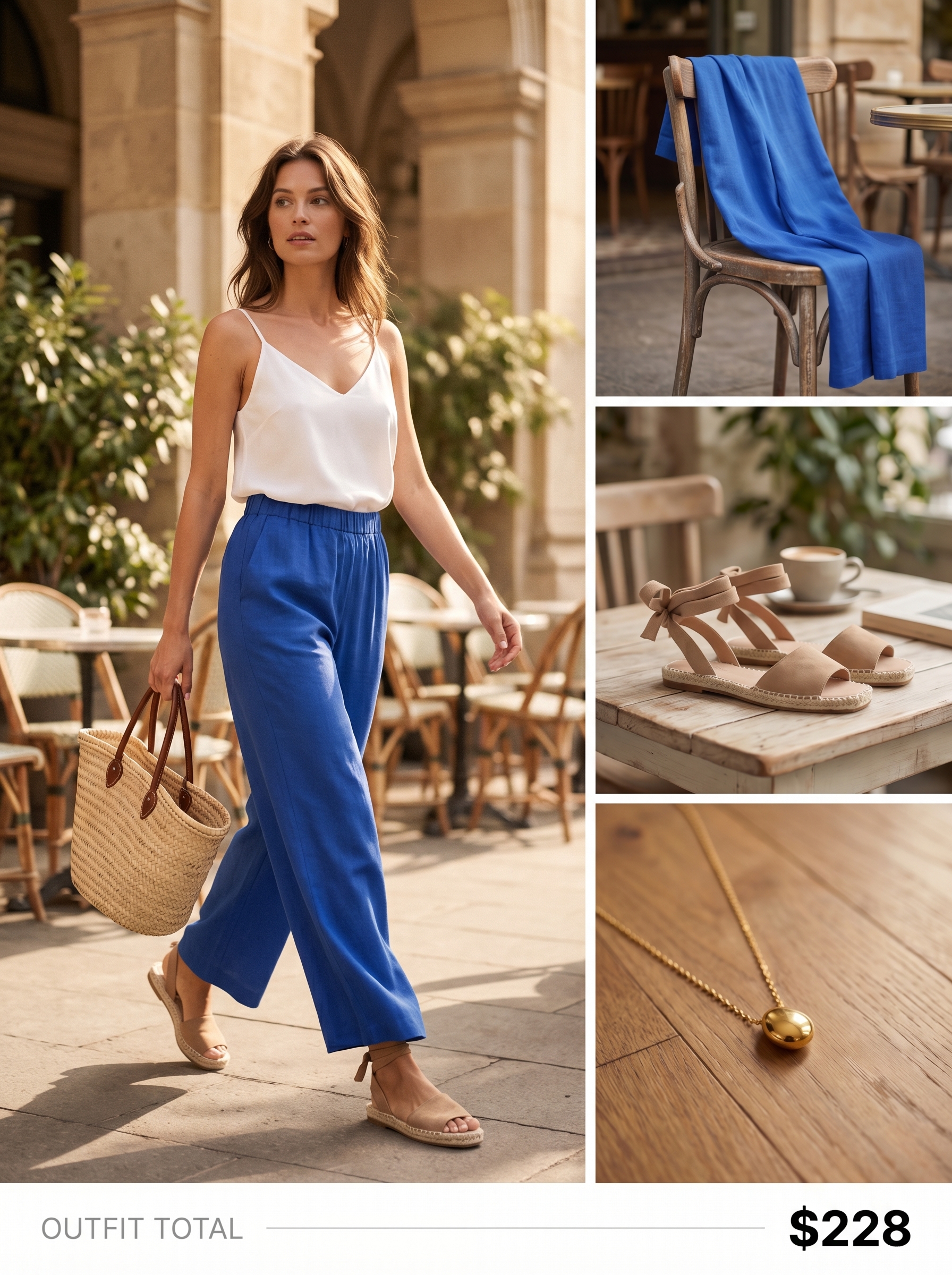 Effortless Riviera brunch summer mom outfit 2026 with cobalt blue linen wide-leg pants, a white V-neck camisole, natural espadrille sandals, and a gold pendant necklace. Ideal for vacation and daytime outings.