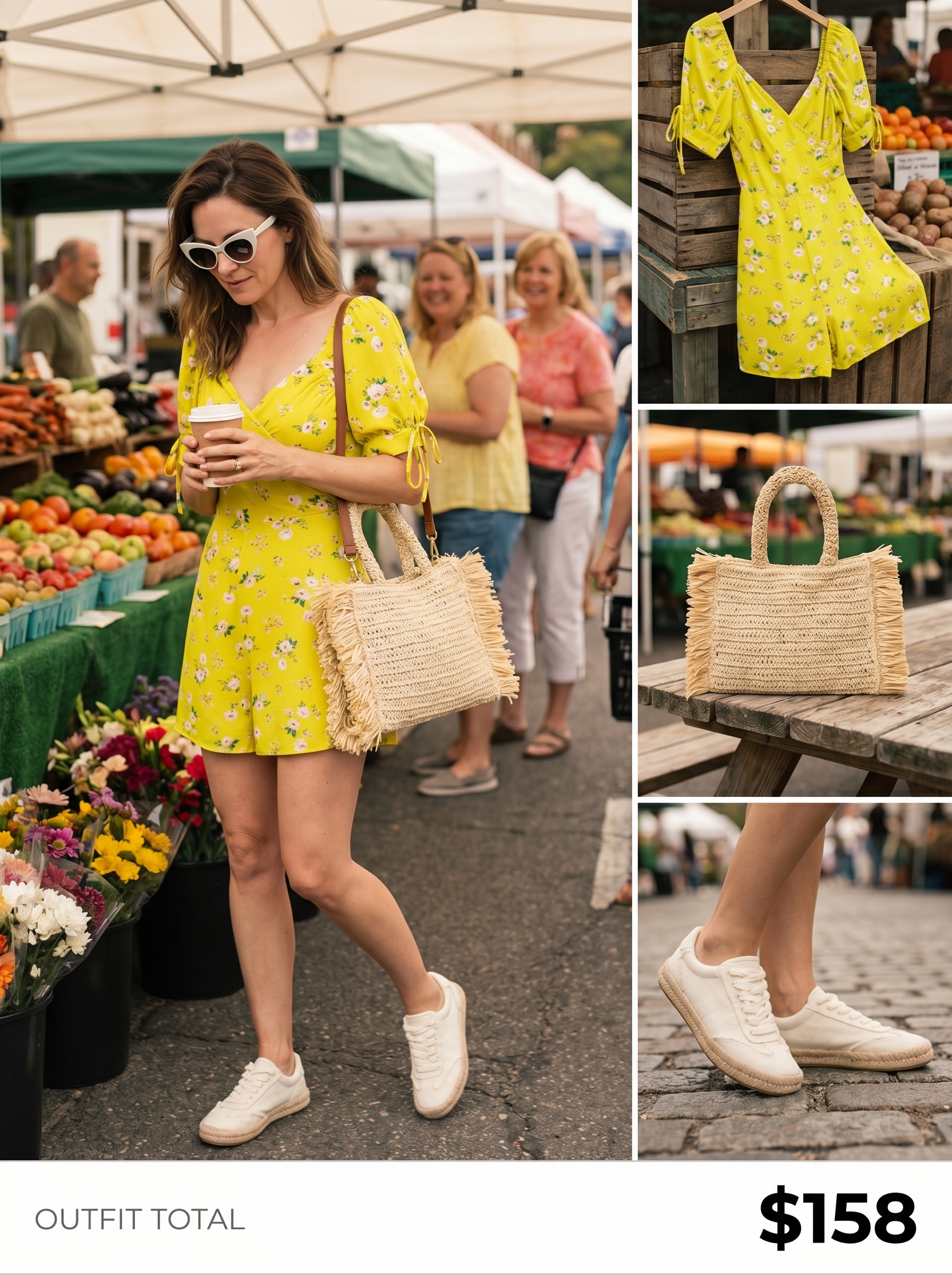 Cheerful yellow floral print short-sleeve romper, white espadrille sneakers, and a woven crossbody bag for a sunny day out. Essential summer mom outfits 2026.