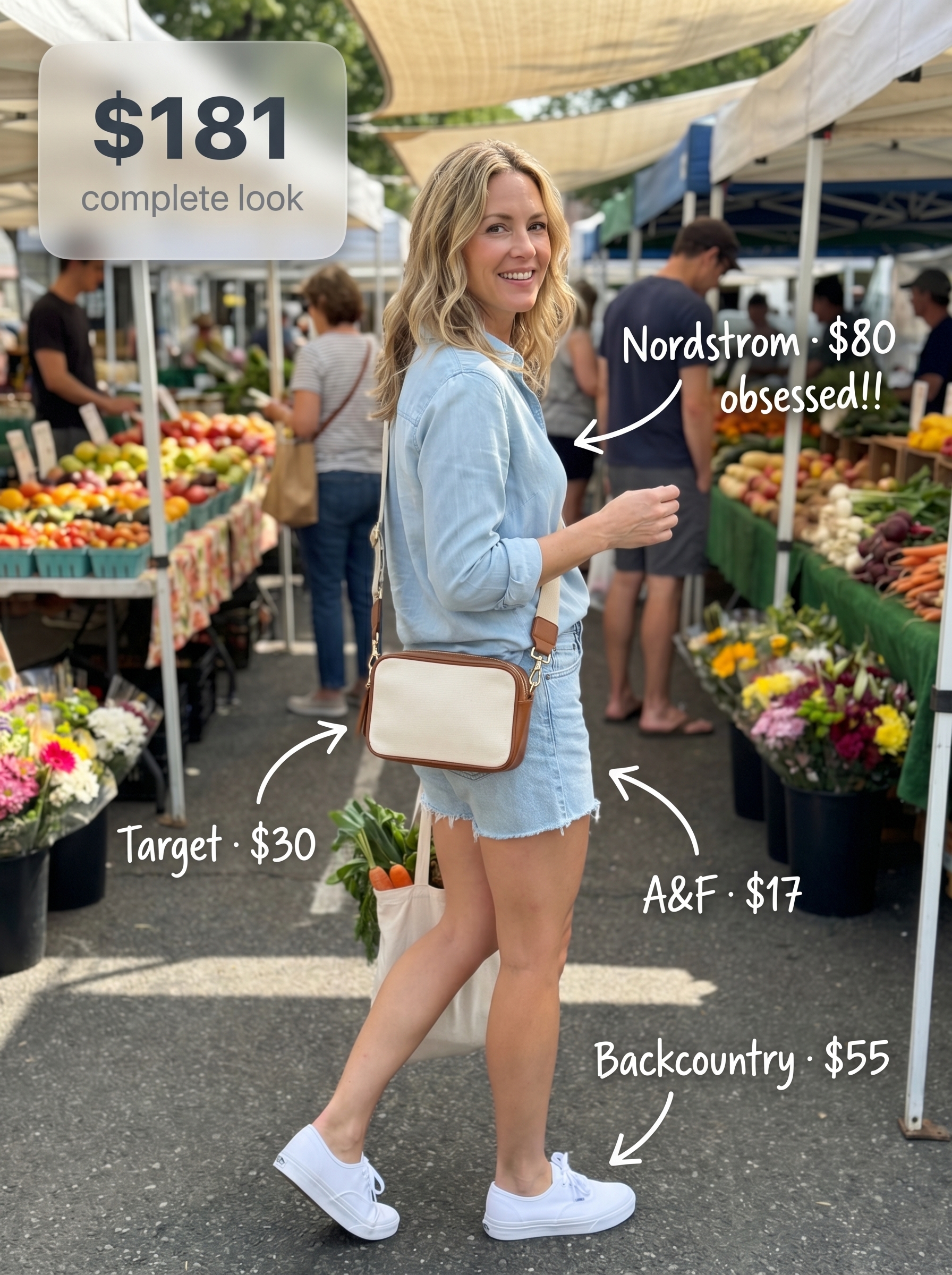 Effortless weekend market chic summer mom outfit with light wash raw-hem denim shorts, a chambray button-down shirt, and white canvas sneakers. Casual style for 2026.