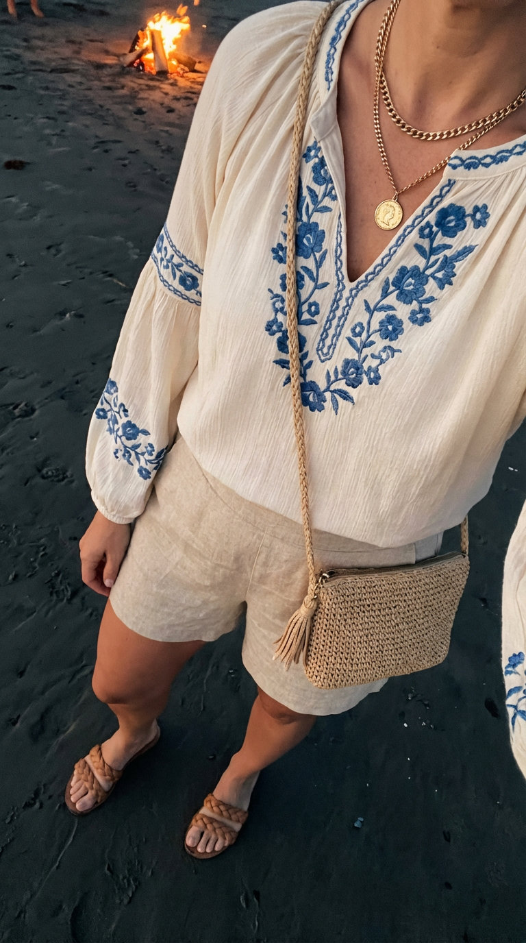 A bohemian summer night outfit featuring terracotta linen blend high-waisted shorts, an embroidered peasant blouse, flat leather slide sandals, layered gold coin necklaces, and a woven straw crossbody bag, ideal for a beach bonfire.