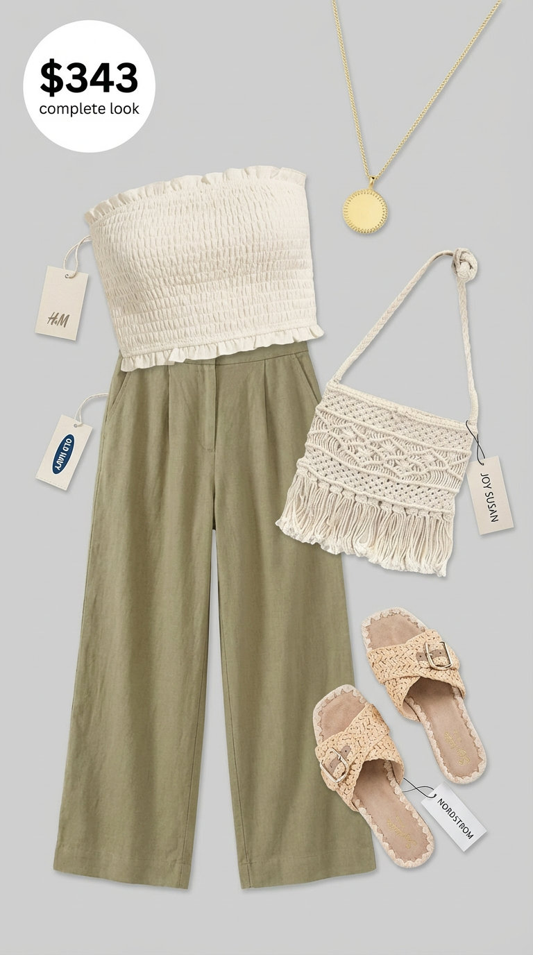 Relaxed bohemian summer night outfit with khaki linen wide-leg pants, a cream smocked tube top, woven slide sandals, a macrame crossbody bag, and a gold coin pendant necklace for a beach bonfire.
