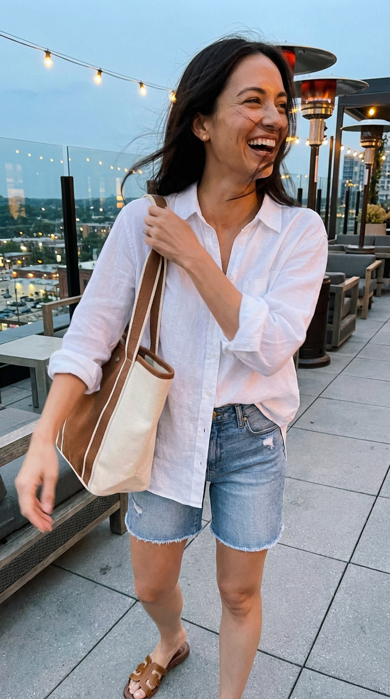 A casual summer night outfit featuring light wash distressed denim shorts, a white oversized linen button-down shirt, tan flat leather slide sandals, and a canvas tote bag, perfect for a rooftop bar or backyard BBQ.
