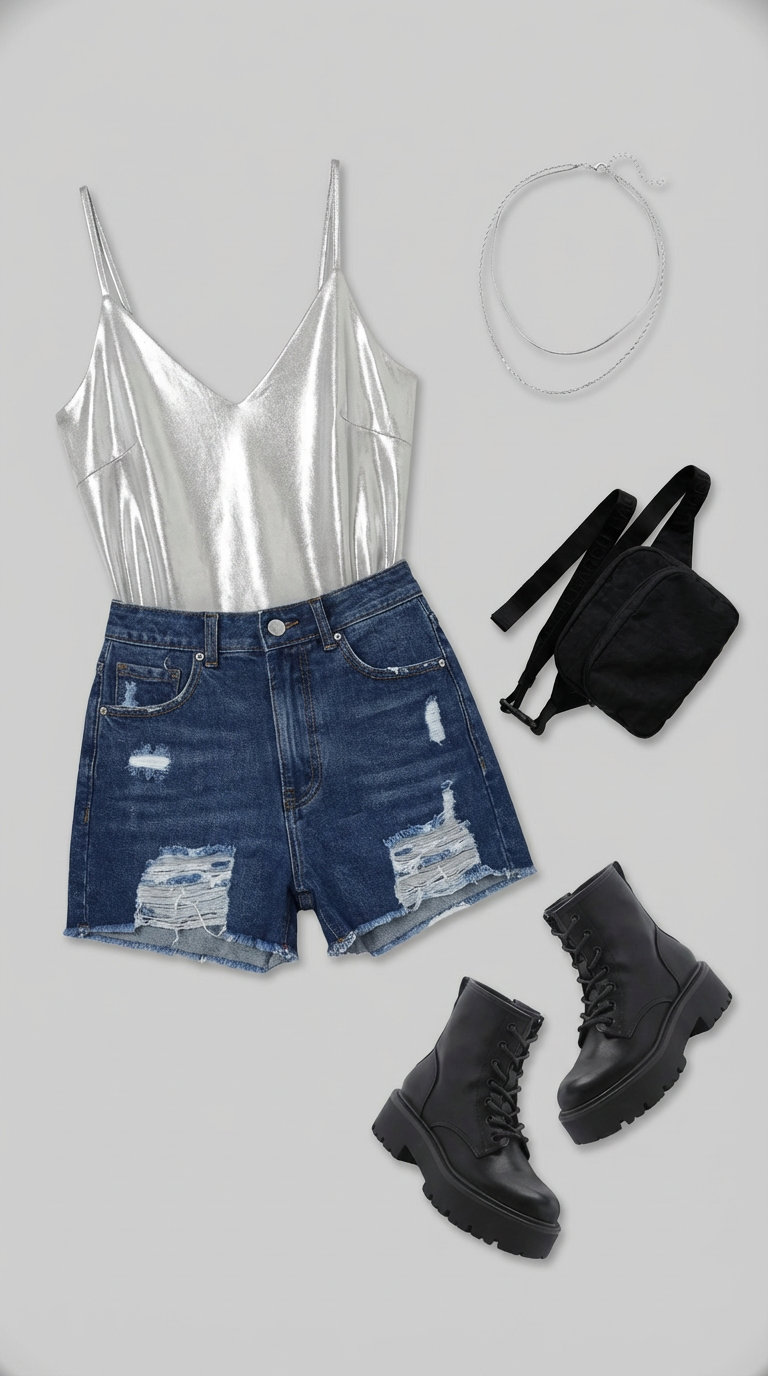 Edgy summer night outfit featuring an indigo distressed denim shorts, a metallic silver camisole top, black ankle boots, and a black belt bag for a cool concert or bar hopping look.