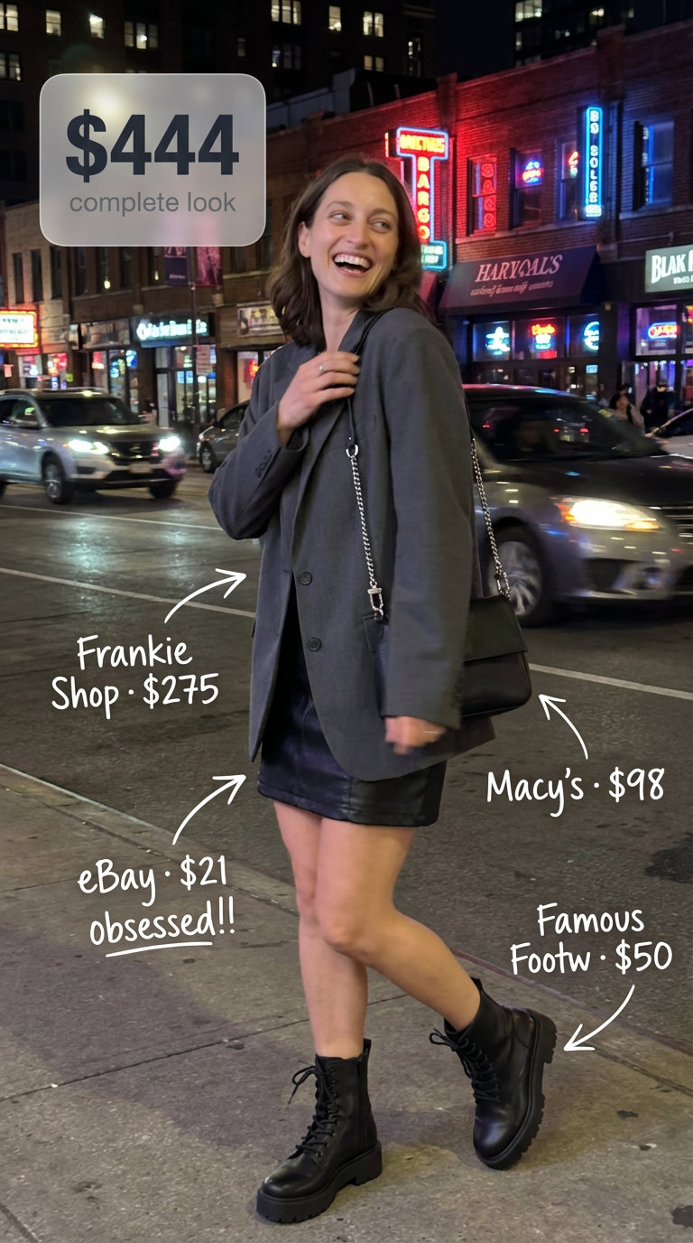 A modern black and charcoal summer night outfit featuring a faux leather mini skirt, a sleeveless ribbed knit bodysuit, an oversized blazer, and platform combat boots, for a trendy night out.