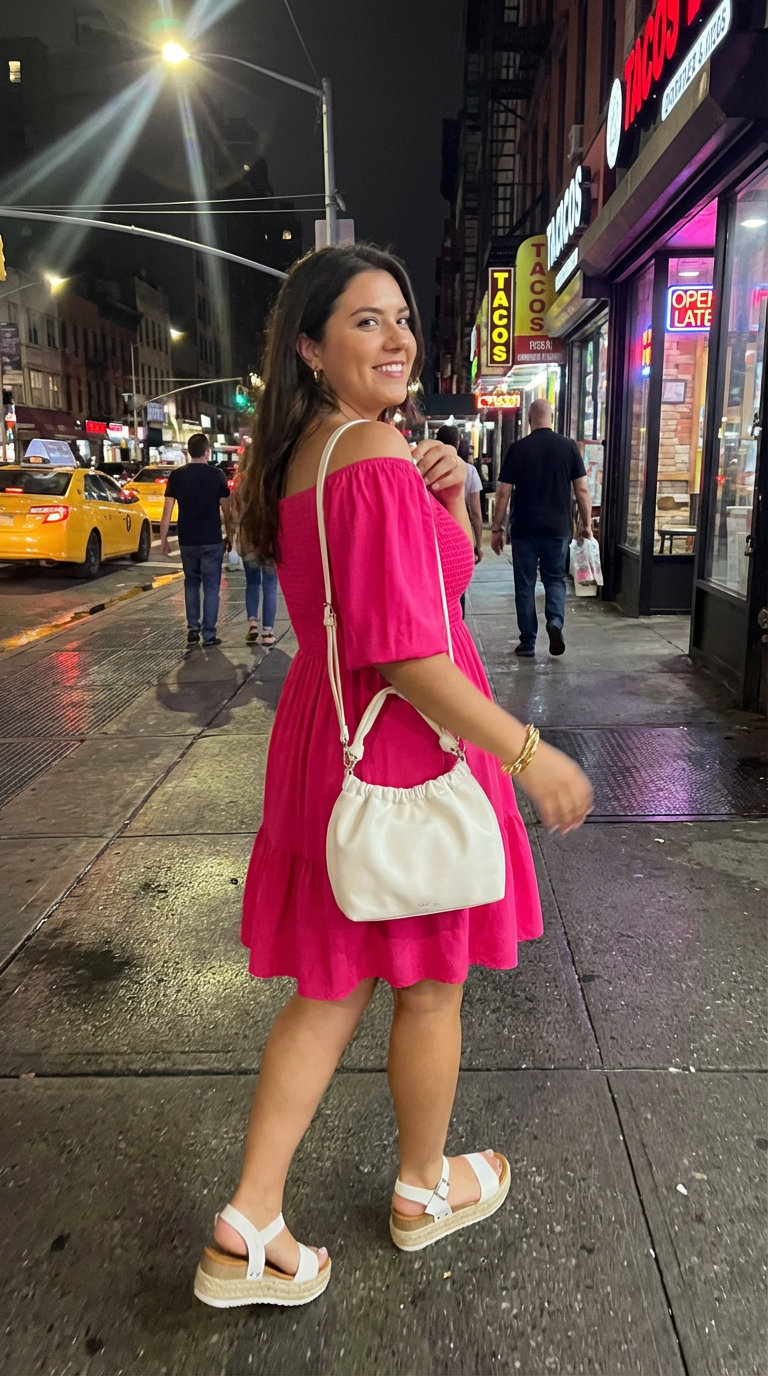 Playful hot pink smocked off-the-shoulder mini dress, paired with white platform espadrille sandals, a woven mini hobo bag, and a chunky gold chain bracelet, ideal for a summer night patio party.