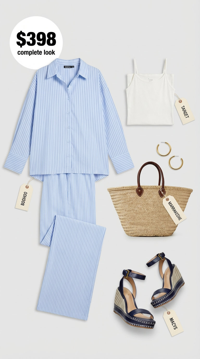 An elegant summer night outfit with a navy and white striped linen blend wide-leg pants and matching cropped button-down set, espadrille wedge sandals, and a structured straw tote, ideal for a seaside dinner.