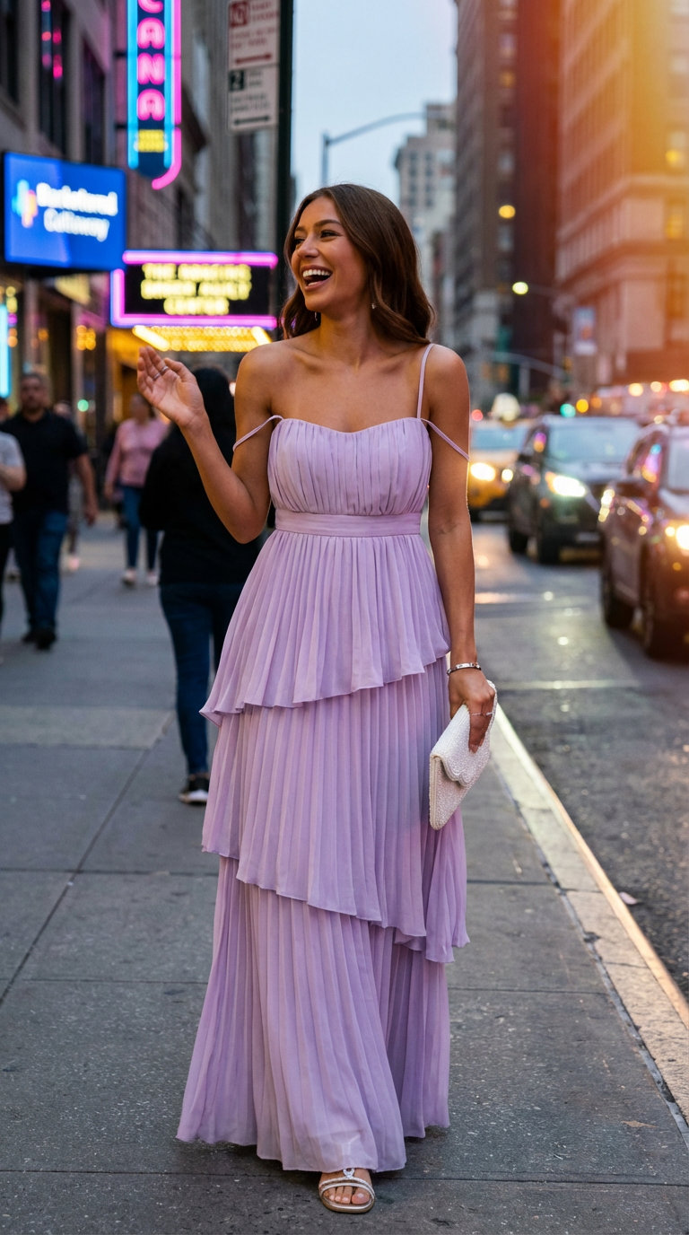 Romantic lavender chiffon maxi dress for a summer night outfit, paired with delicate silver flat sandals, a pearl mini clutch, and a thin silver bangle, ideal for a dinner date.