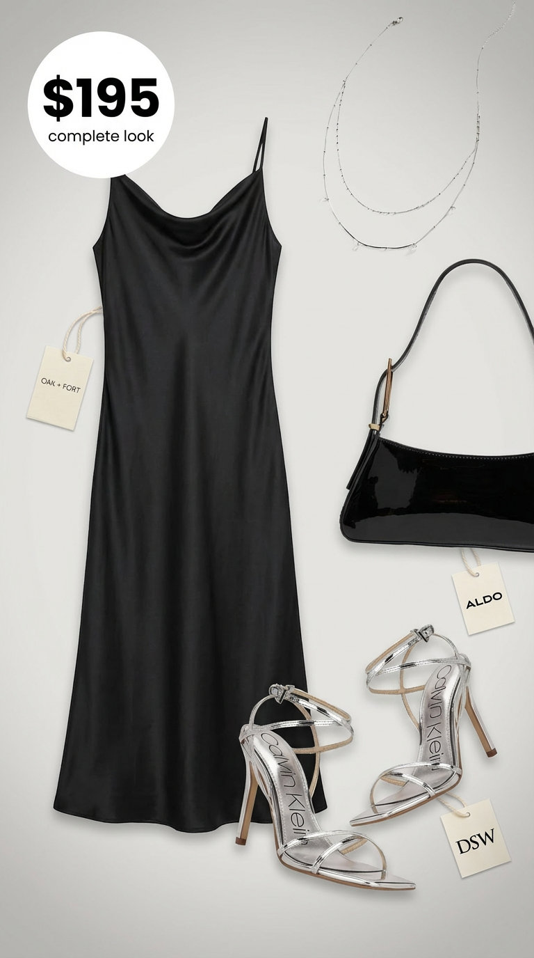 A sultry black satin midi slip dress paired with silver strappy stiletto sandals, a mini shoulder bag, and layered silver necklaces, creating a chic summer night outfit for parties or cocktails.