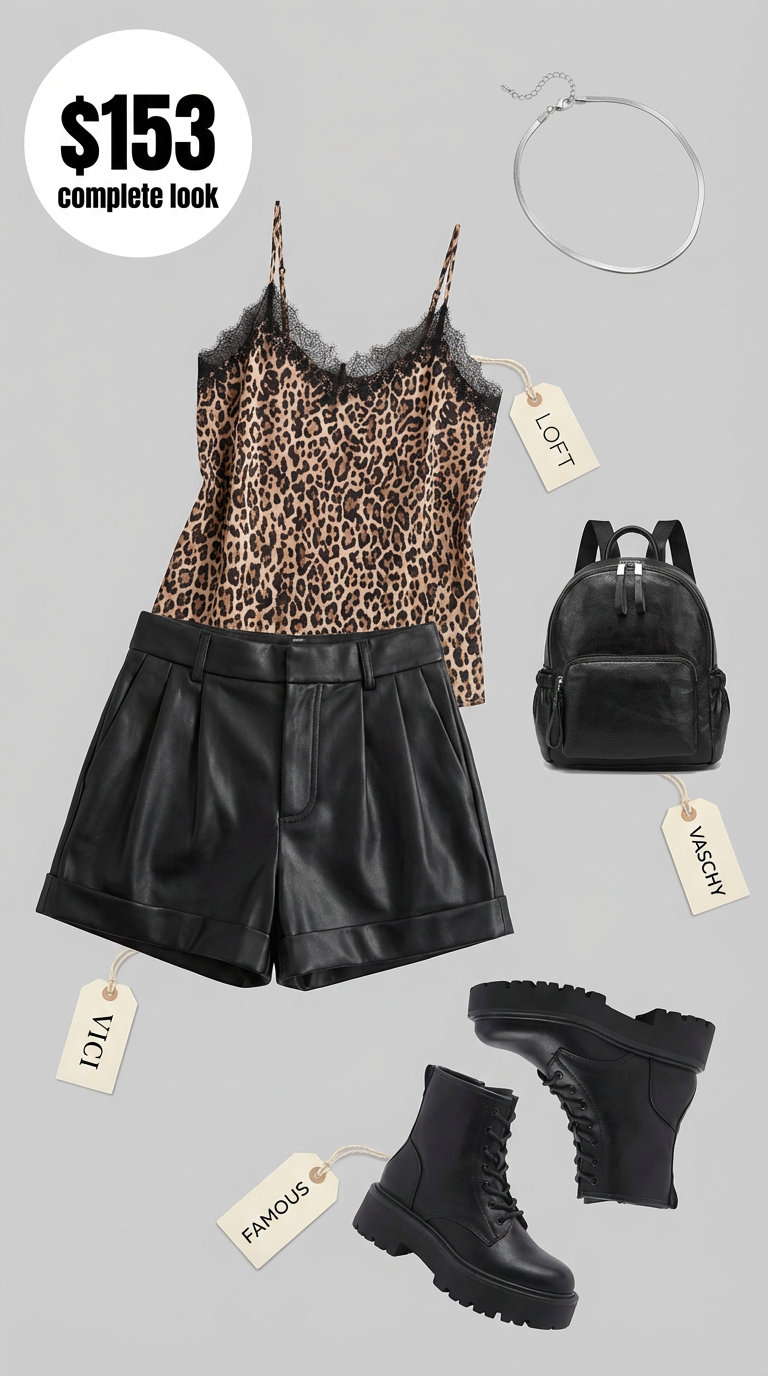 An edgy black and leopard print summer night outfit featuring high-waisted faux leather shorts, a fitted leopard print camisole, chunky platform combat boots, and a silver chain choker, perfect for a concert or bar hopping.