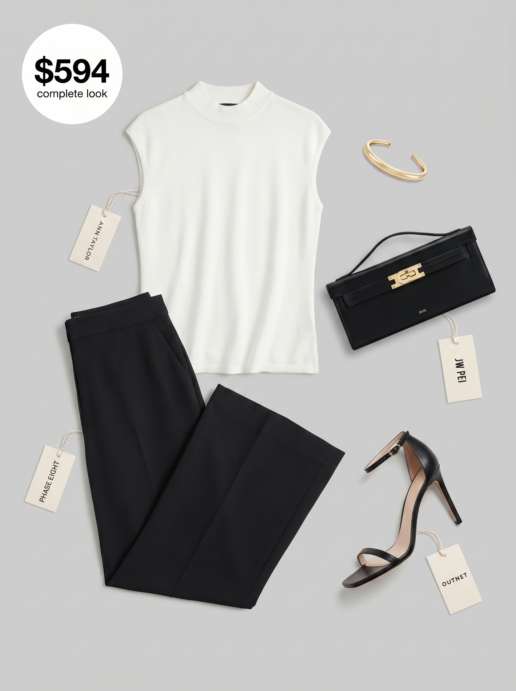 Sleek black crepe culottes with a white mock-neck knit top, black heeled sandals, and gold cuff for modern summer office outfits women 2026 inspiration.