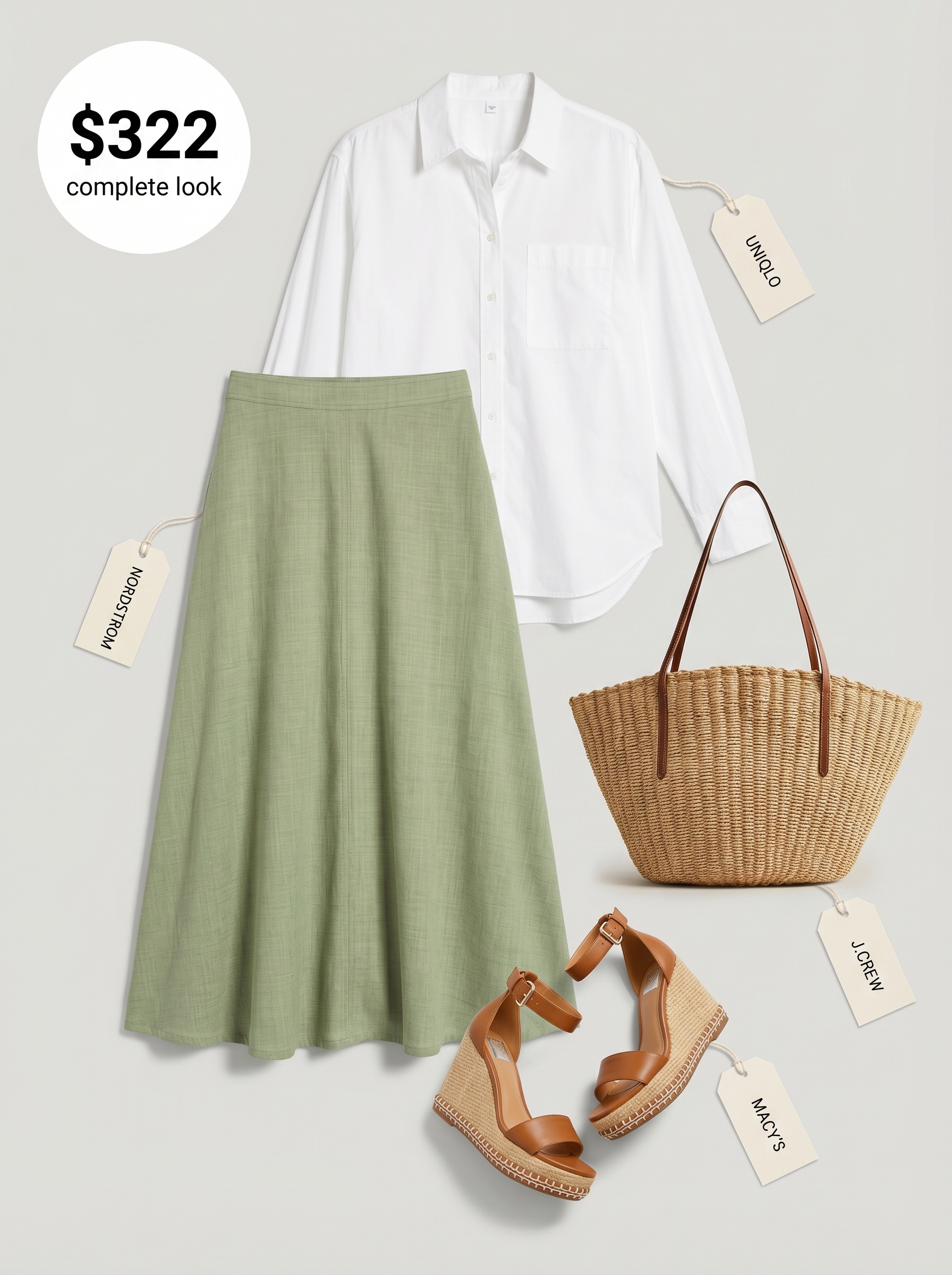 Relaxed yet sophisticated coastal corporate summer office outfits women 2026: olive green linen maxi skirt, oversized white button-down, and espadrille sandals.