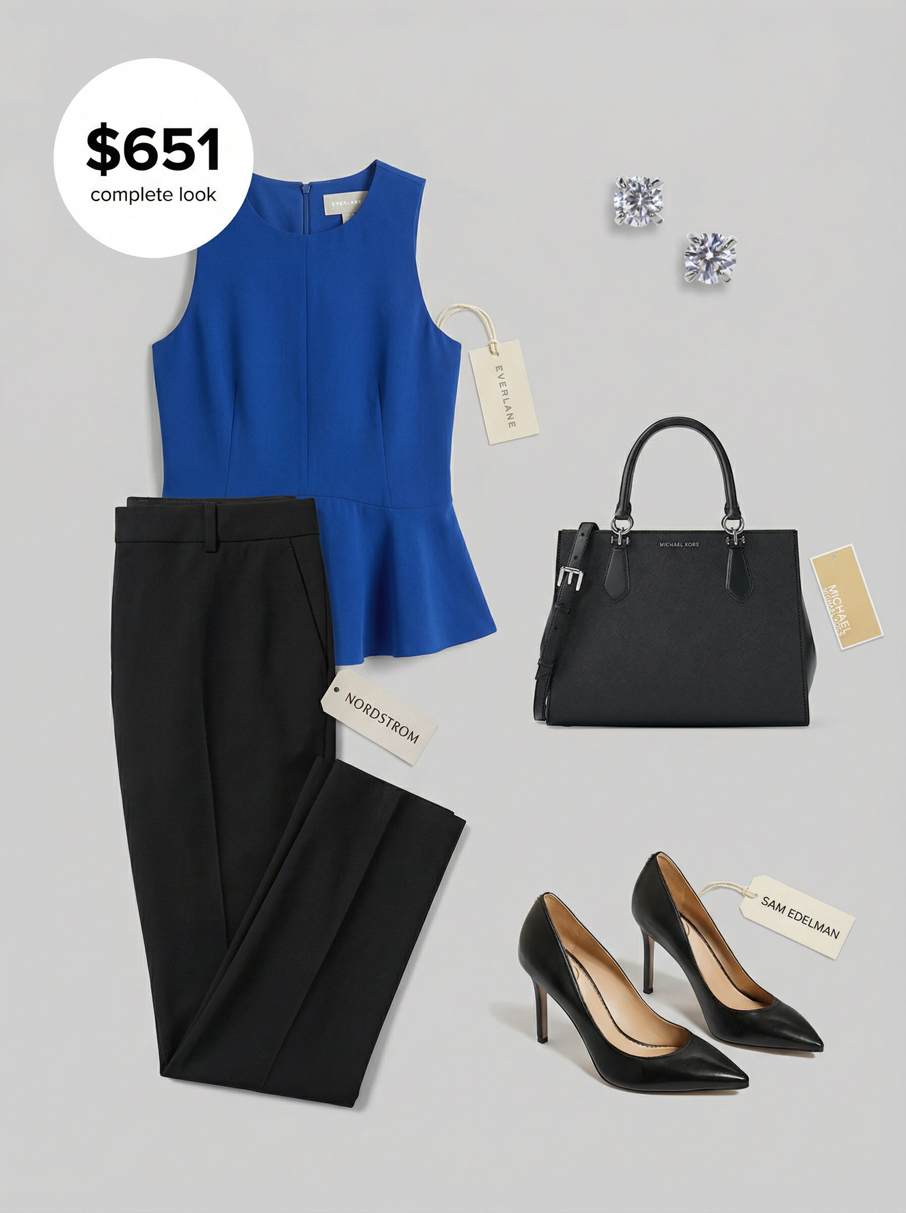 A striking cobalt blue peplum top paired with black slim-fit trousers and heels for a professional summer office outfit women 2026. Perfect for client meetings.