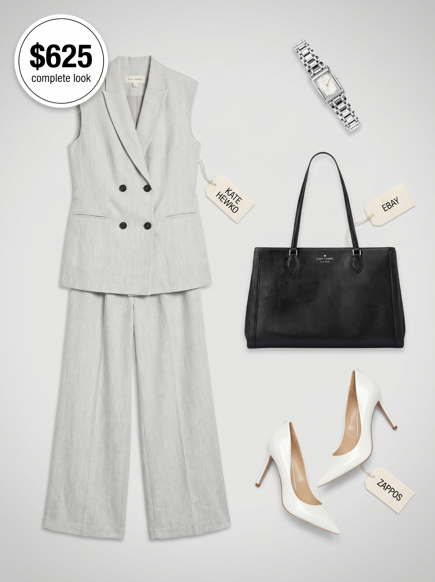Sharp and contemporary light grey linen blend blazer and wide-leg trousers, styled with a white tank and pumps for summer office outfits women 2026.