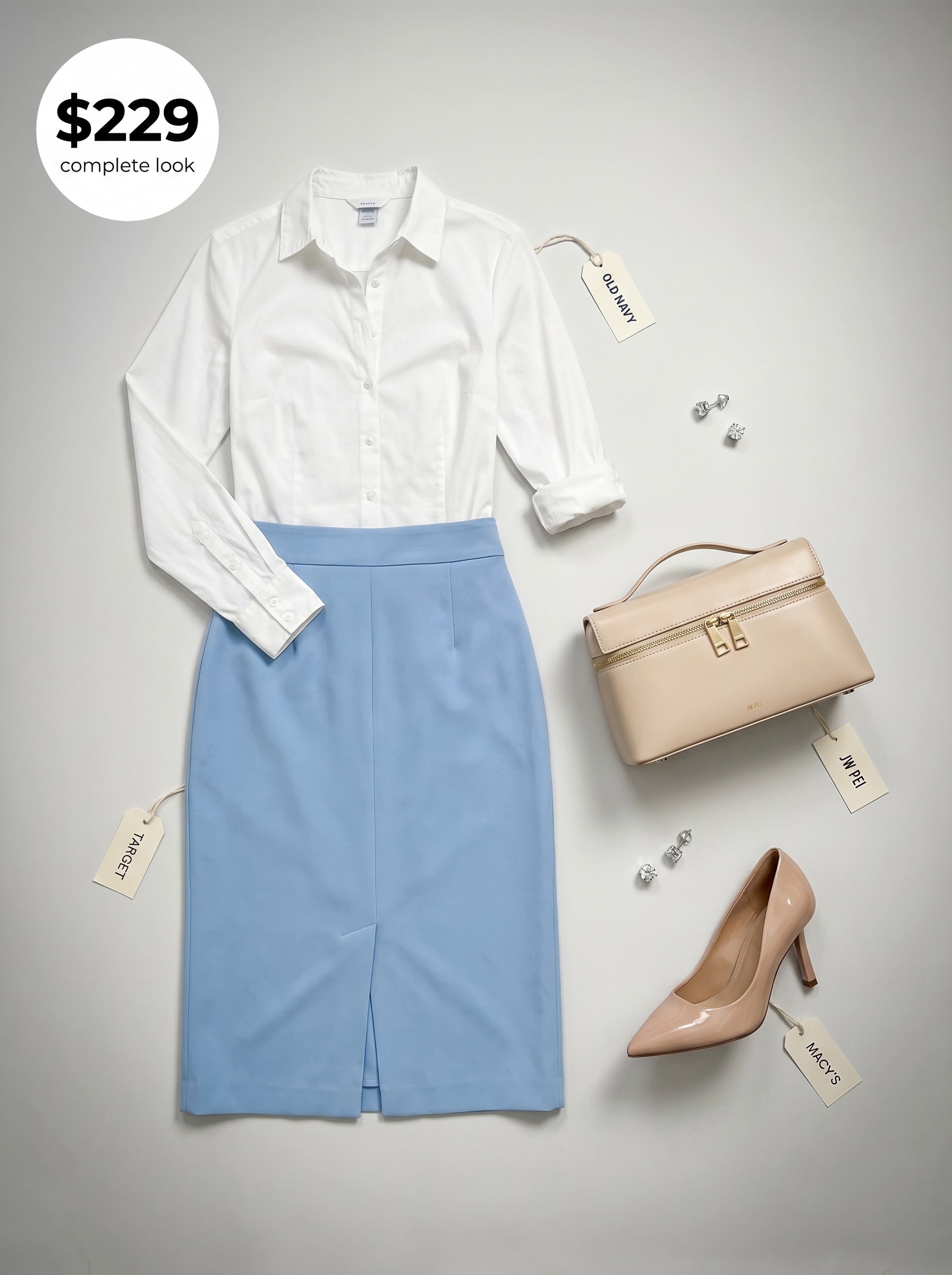 Authoritative executive edge summer office outfits women 2026: sky blue pencil skirt, white button-down, nude stiletto pumps, and structured satchel.