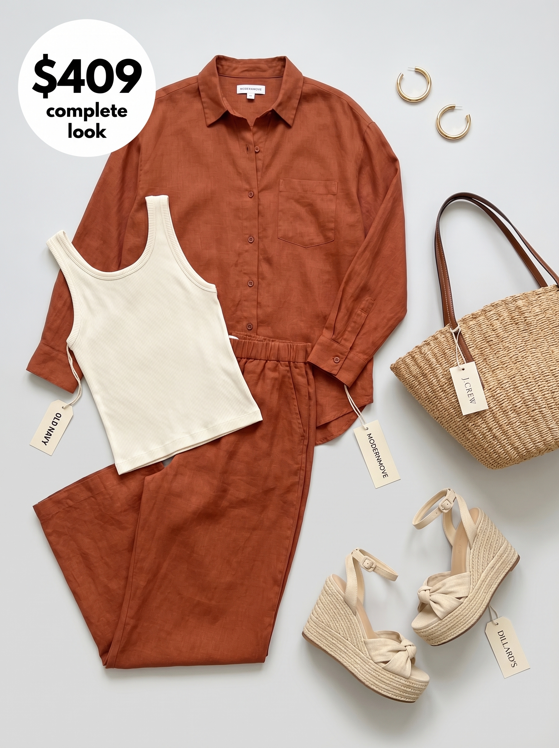 An elegant terracotta linen matching set with a cream tank top and espadrille wedges, a stylish summer office outfit women 2026 for creative workplaces.