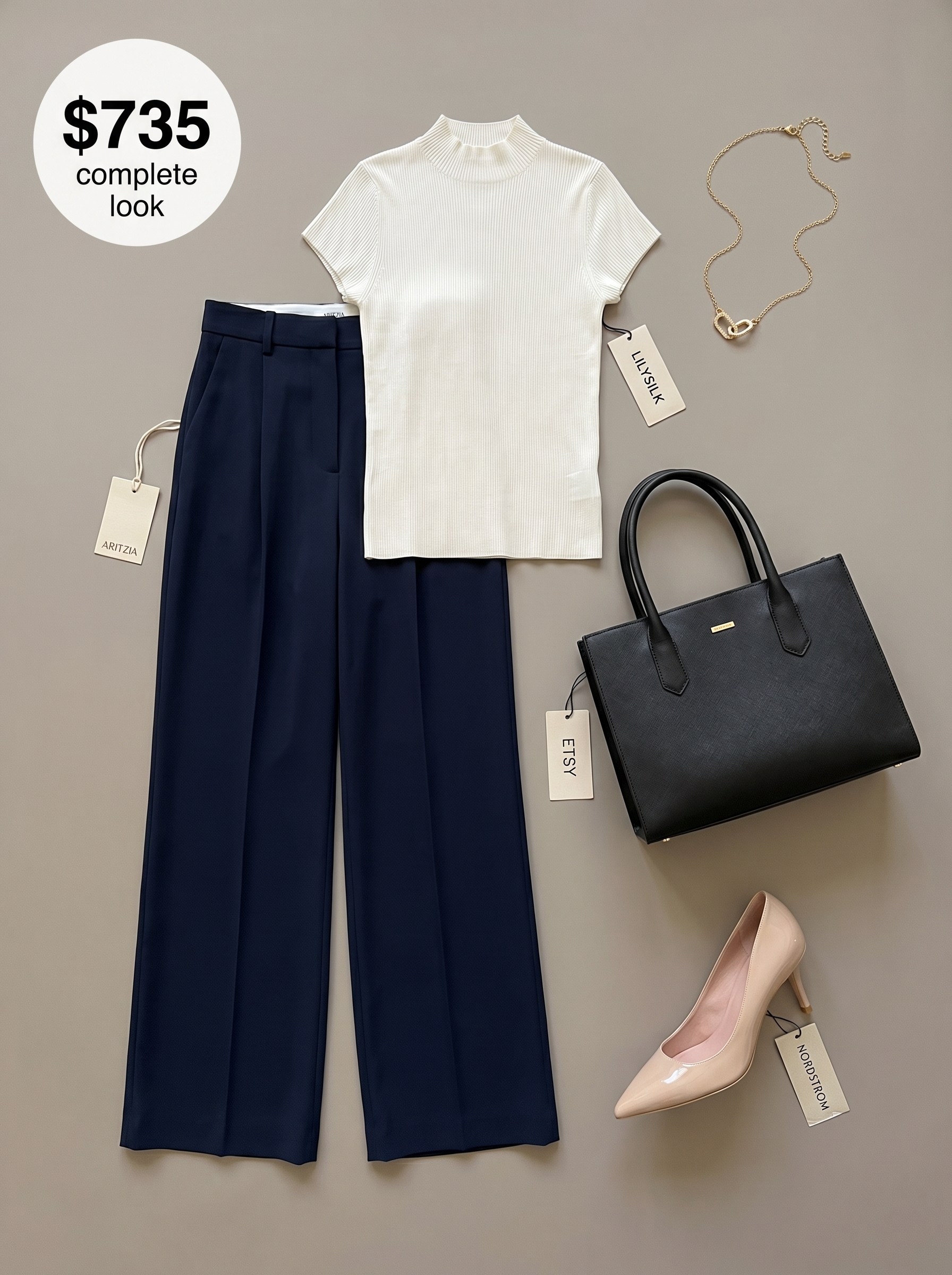 A modern summer office outfit women 2026 featuring navy wide-leg trousers, a white silk shell top, tan pumps, and a black tote. Ideal for work meetings.