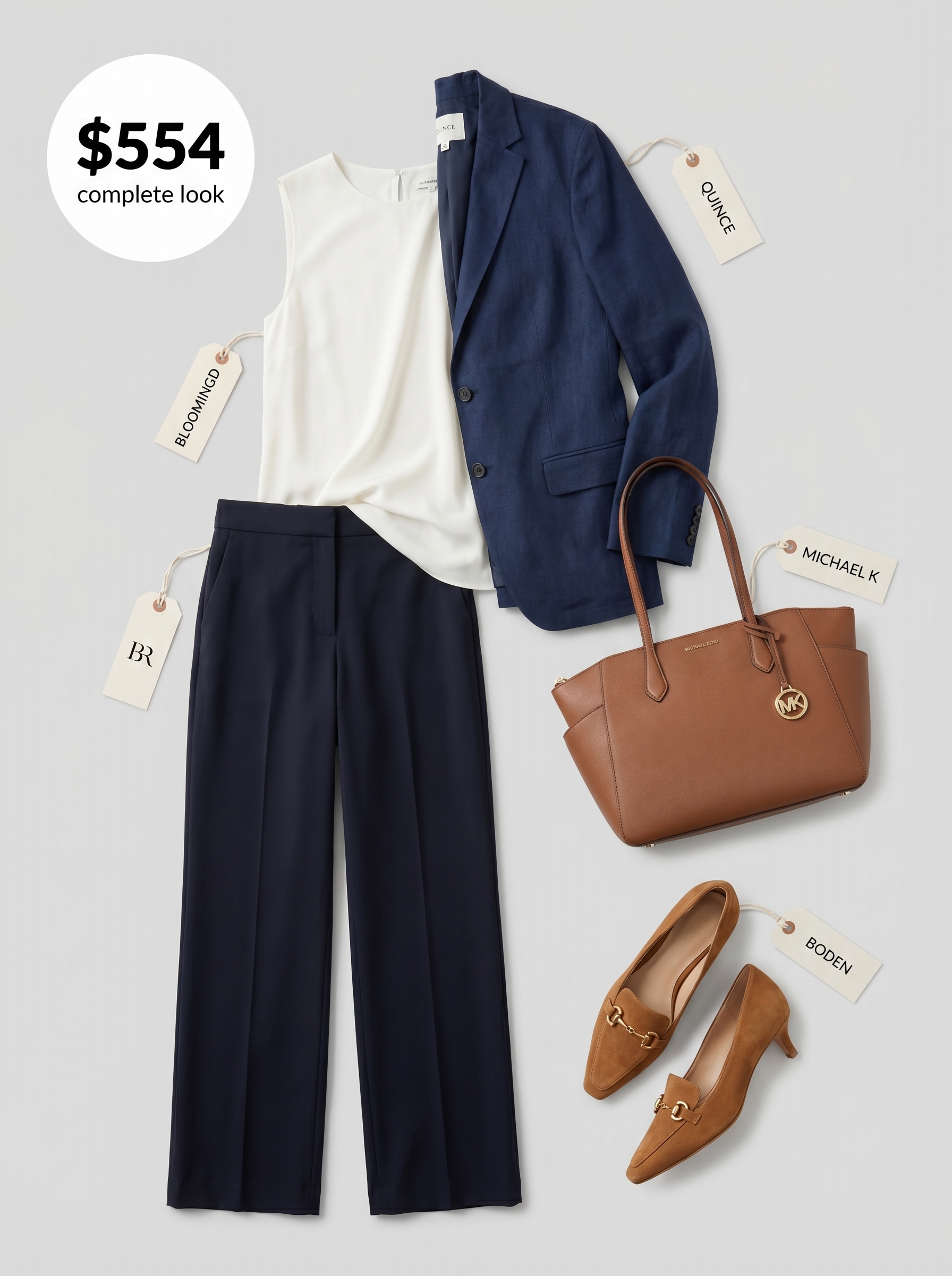 Chic summer office outfits women 2026 featuring a navy blazer, white silk shell top, and tailored wide-leg trousers for a polished work event.