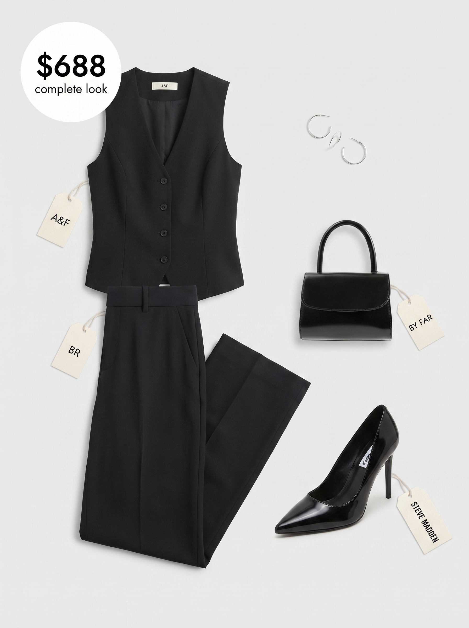 A sleek black monochrome summer office outfit women 2026 featuring a tailored sleeveless vest, wide-leg trousers, and stiletto pumps for minimalist power.