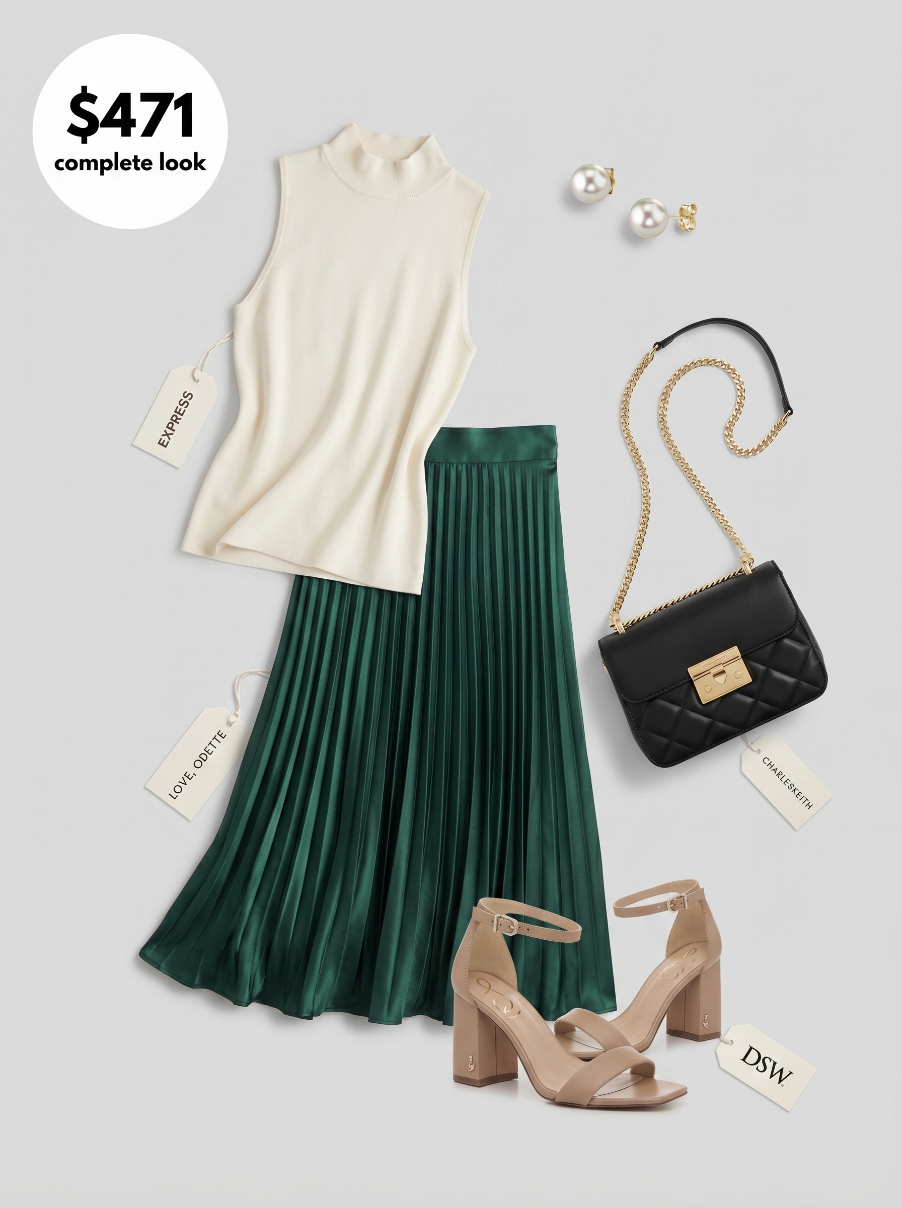 A chic emerald green pleated midi skirt with an ivory knit top, block-heel sandals, a stylish summer office outfit women 2026 for creative professionals.