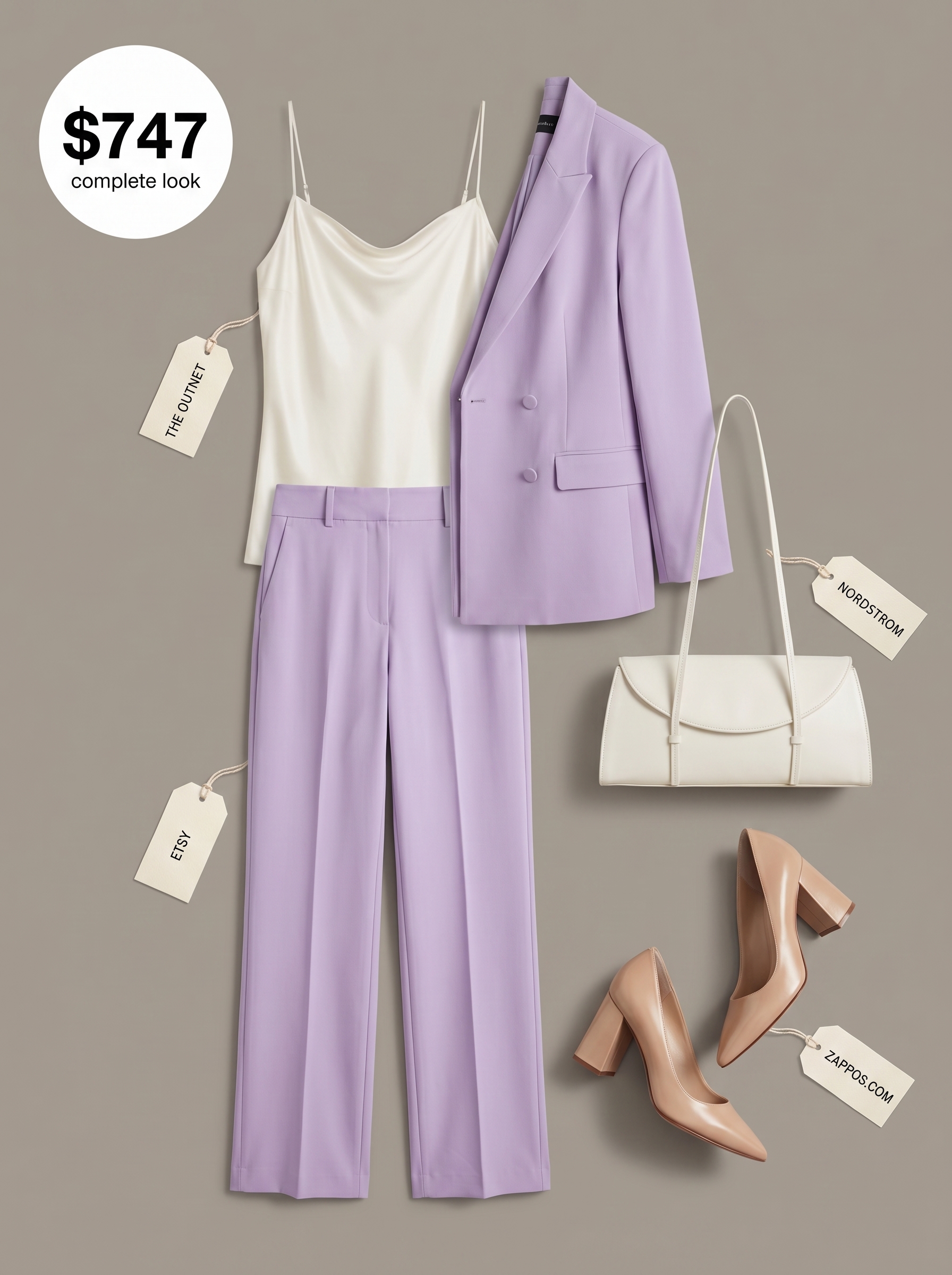 Polished pastel summer office outfits women 2026 featuring a lavender crepe blazer set, white camisole, and nude block heels for creative meetings.