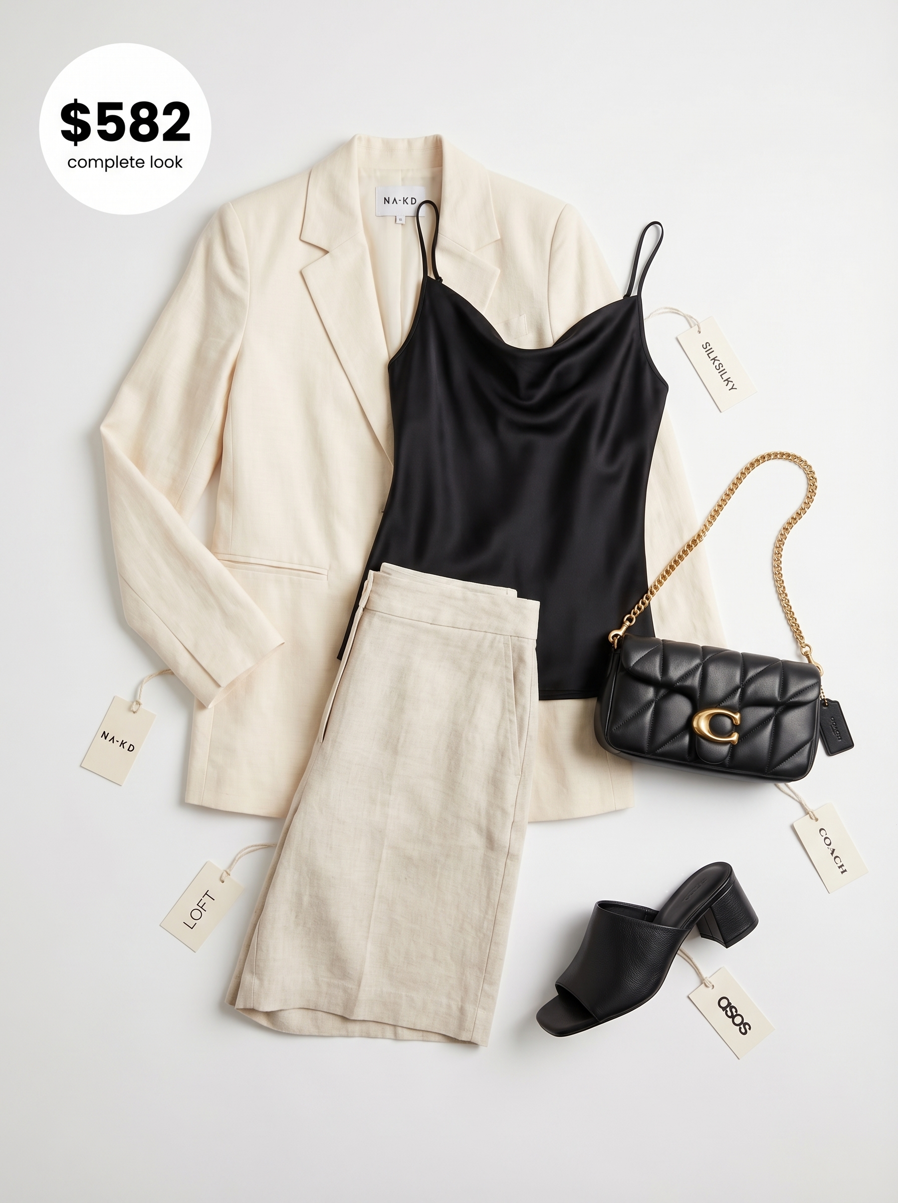 Modern power blazer and shorts combo for summer office outfits women 2026: a beige linen set with a black silk camisole and heeled mules.
