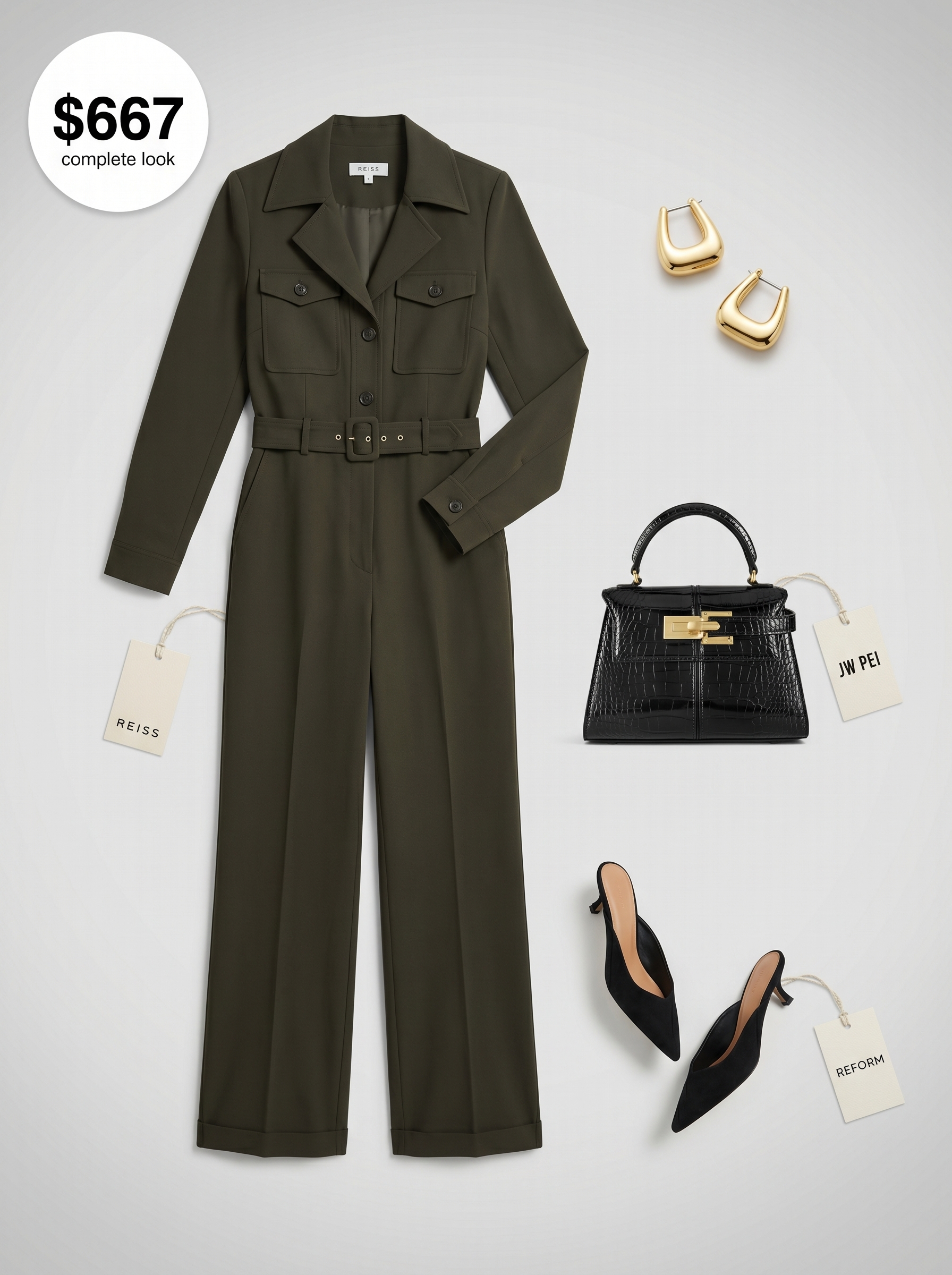 Bold Tencel khaki green utility jumpsuit with black suede mules and gold hoops, a stylish option for summer office outfits women 2026.