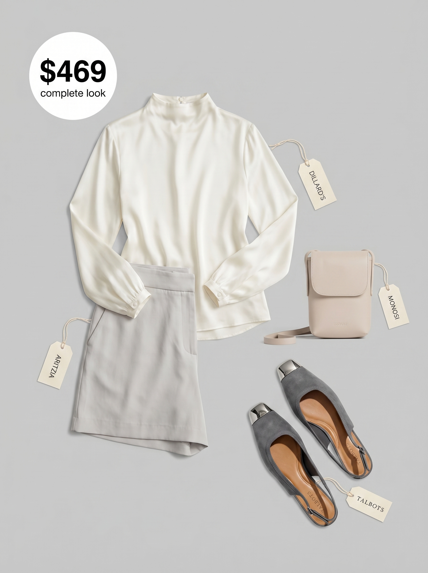 Sleek and serene summer office outfits women 2026 with light grey tailored shorts, a cream silk blouse, and matching slingback flats.