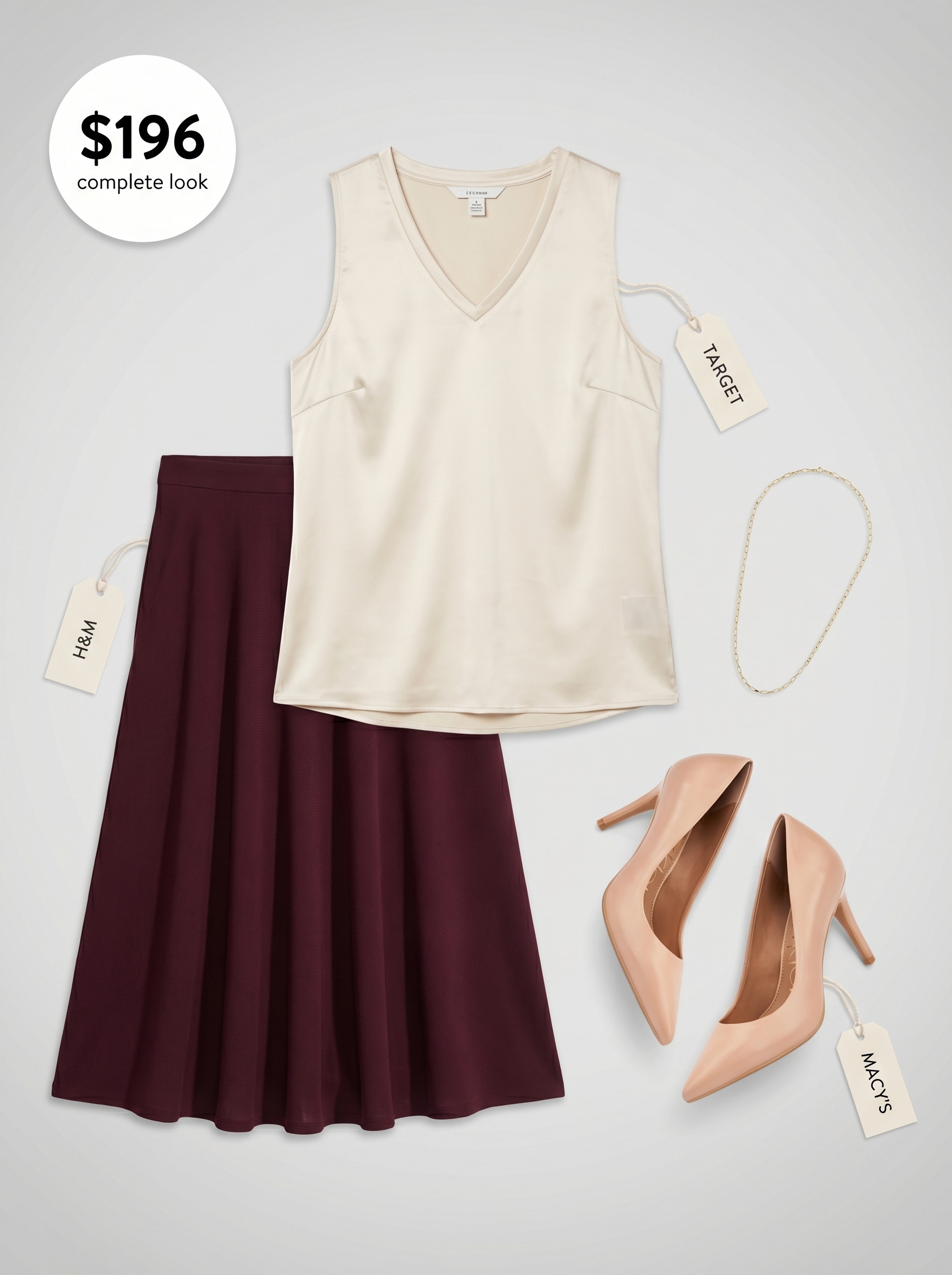 Sophisticated burgundy A-line midi skirt with a cream satin blouse, nude pumps, and gold necklace, perfect for summer corporate office outfits women 2026.
